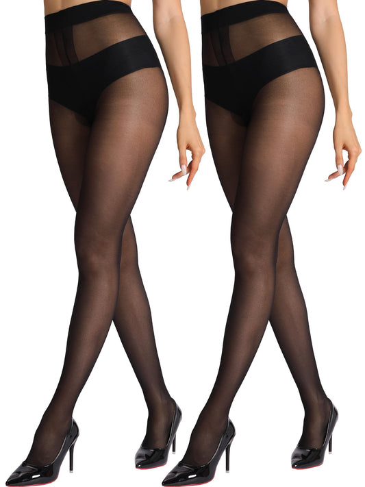 HONENNA Sheer Black Tights for Women 2 Pairs Ultra Thin Reinforced T Crotch Control Top Pantyhose Stockings - Medaid International
