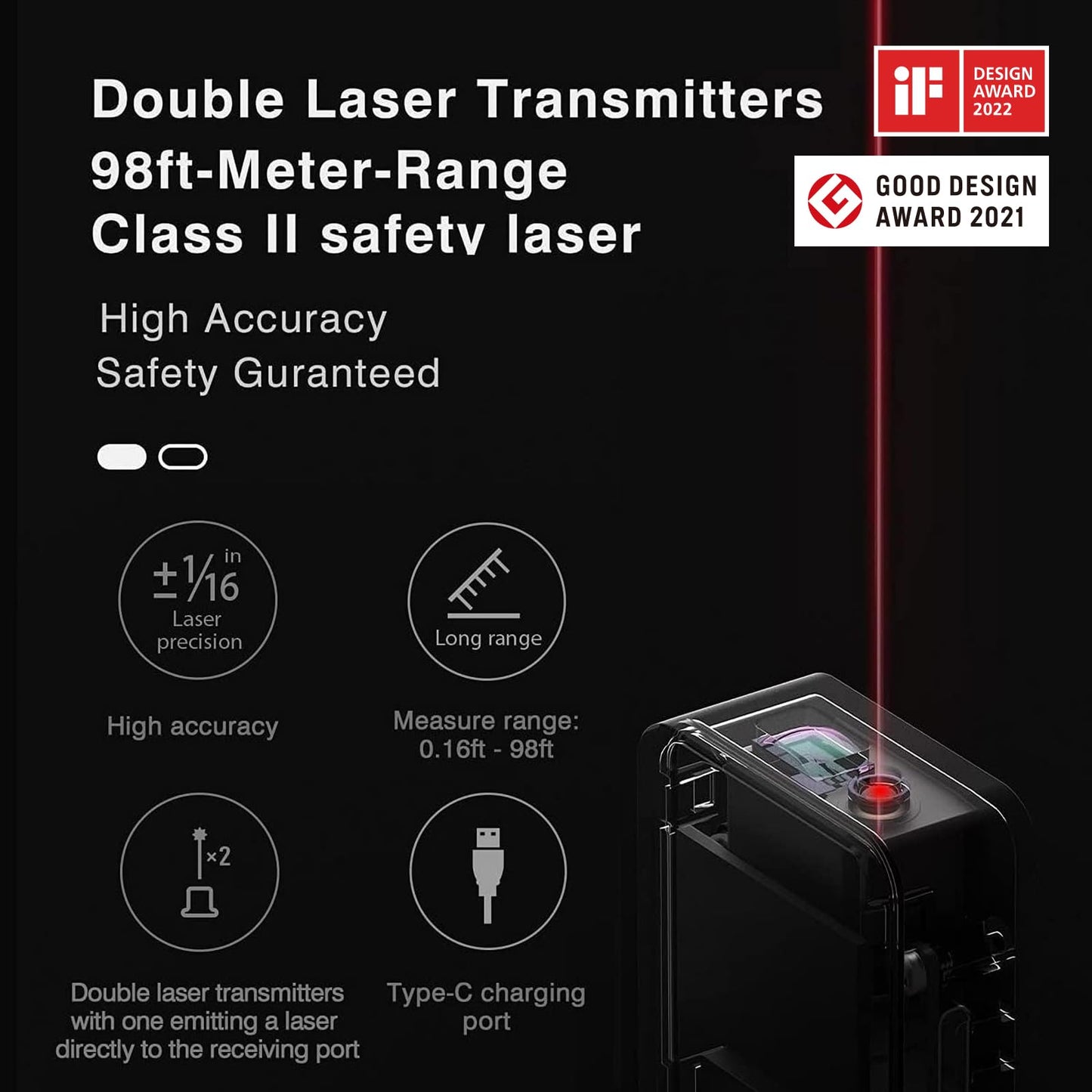 HOTO Laser Measuring Tool, Pocket-Size 98Ft Digital Laser Tape Measure ±2mm Accuracy, USB-C Rechargeable, OLED Display, Ft/M/in Unit Conversion, Real-time Data Sync, Cool Gadgets for Men & Home Use - Medaid International