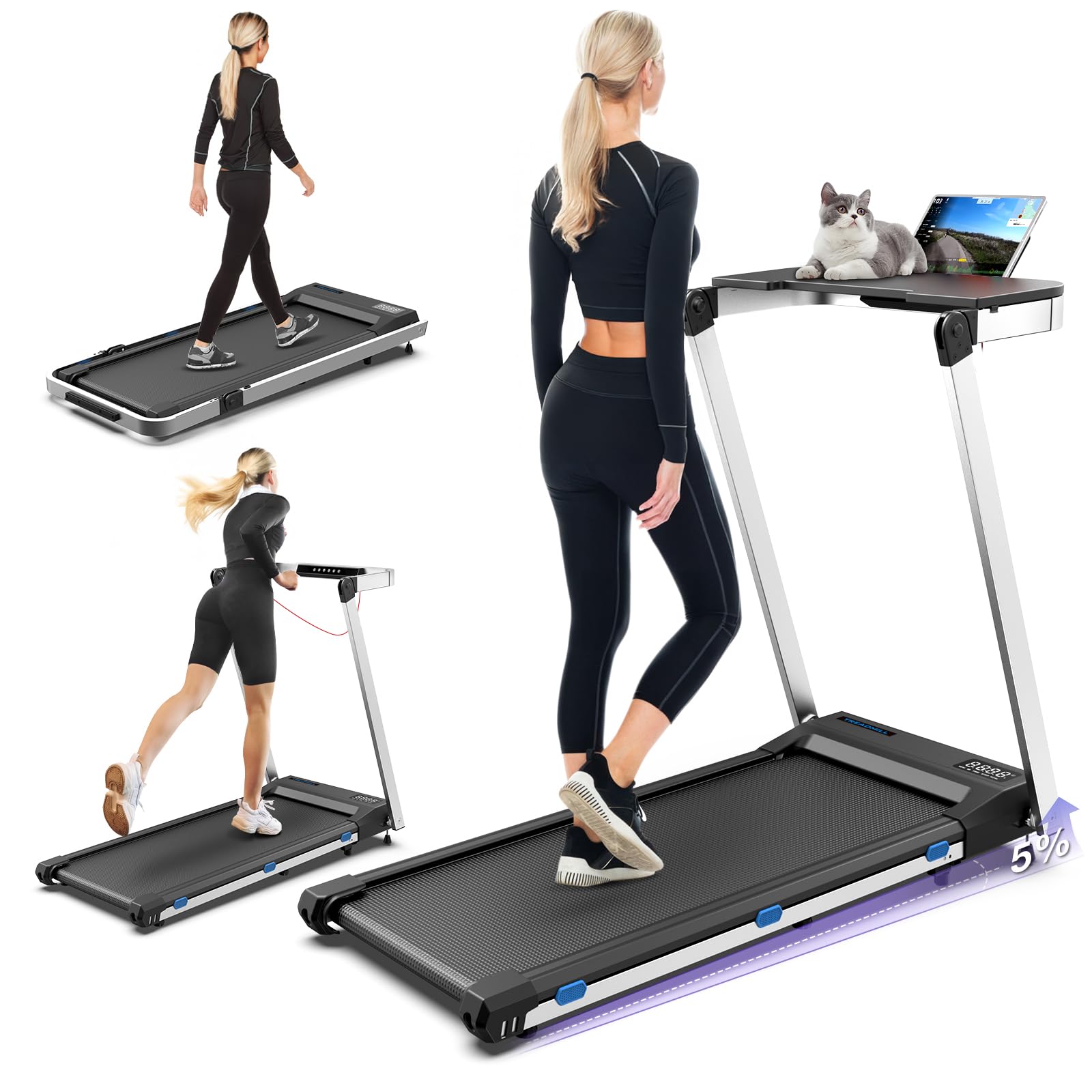 Desk Treadmill with Incline & Handle, 3 in 1 Portable Treadmill with Removable Desk Workstation, Foldable Walking Treadmills for Home Office Small Space, Voice & App & Remote Control, 2s Folding - Medaid International