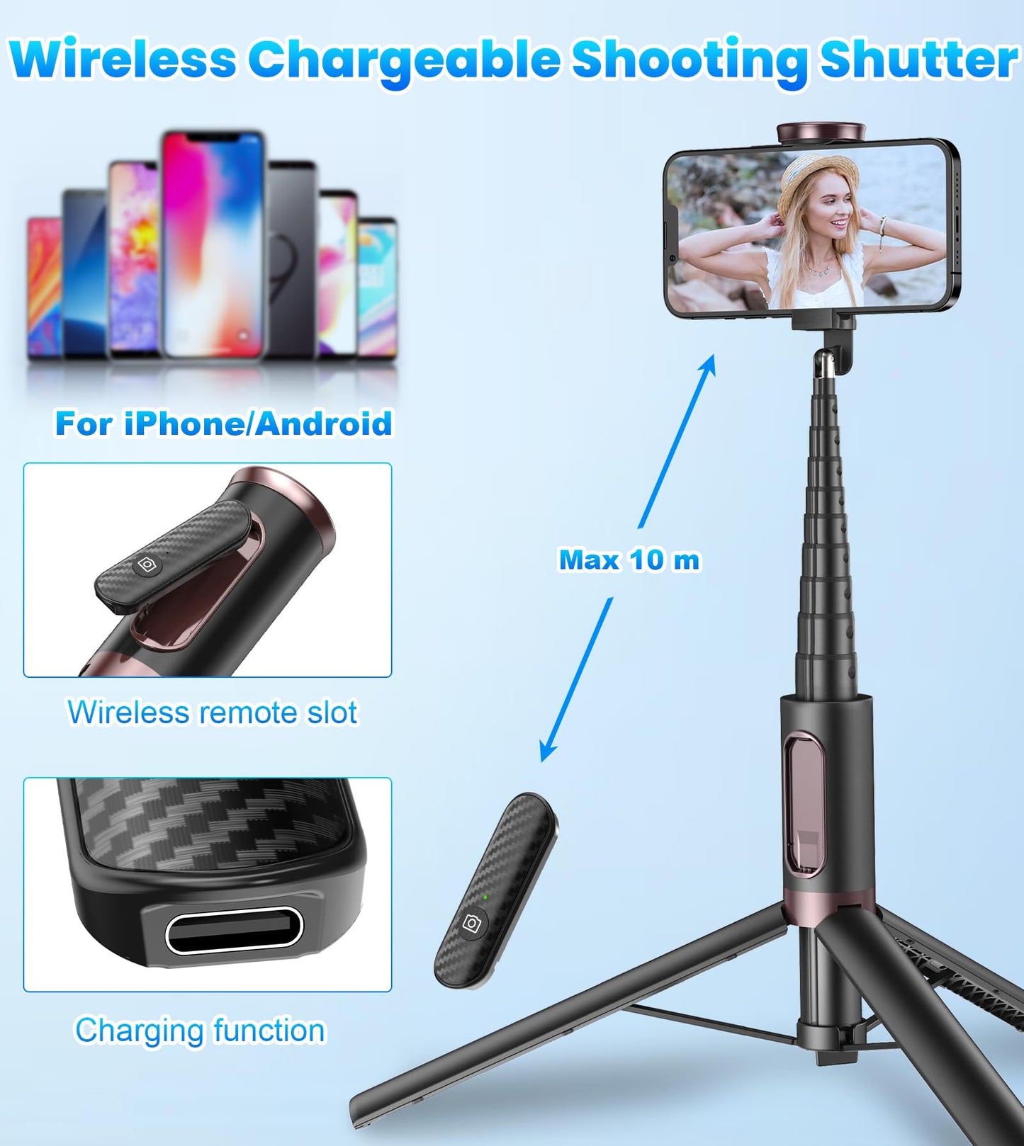 TONEOF 67" Cell Phone Selfie Stick Tripod,Smartphone Stand All-in-1 with Integrated Wireless Remote,Portable,Lightweight,Extendable for iPhone/Android(Black) - Medaid International
