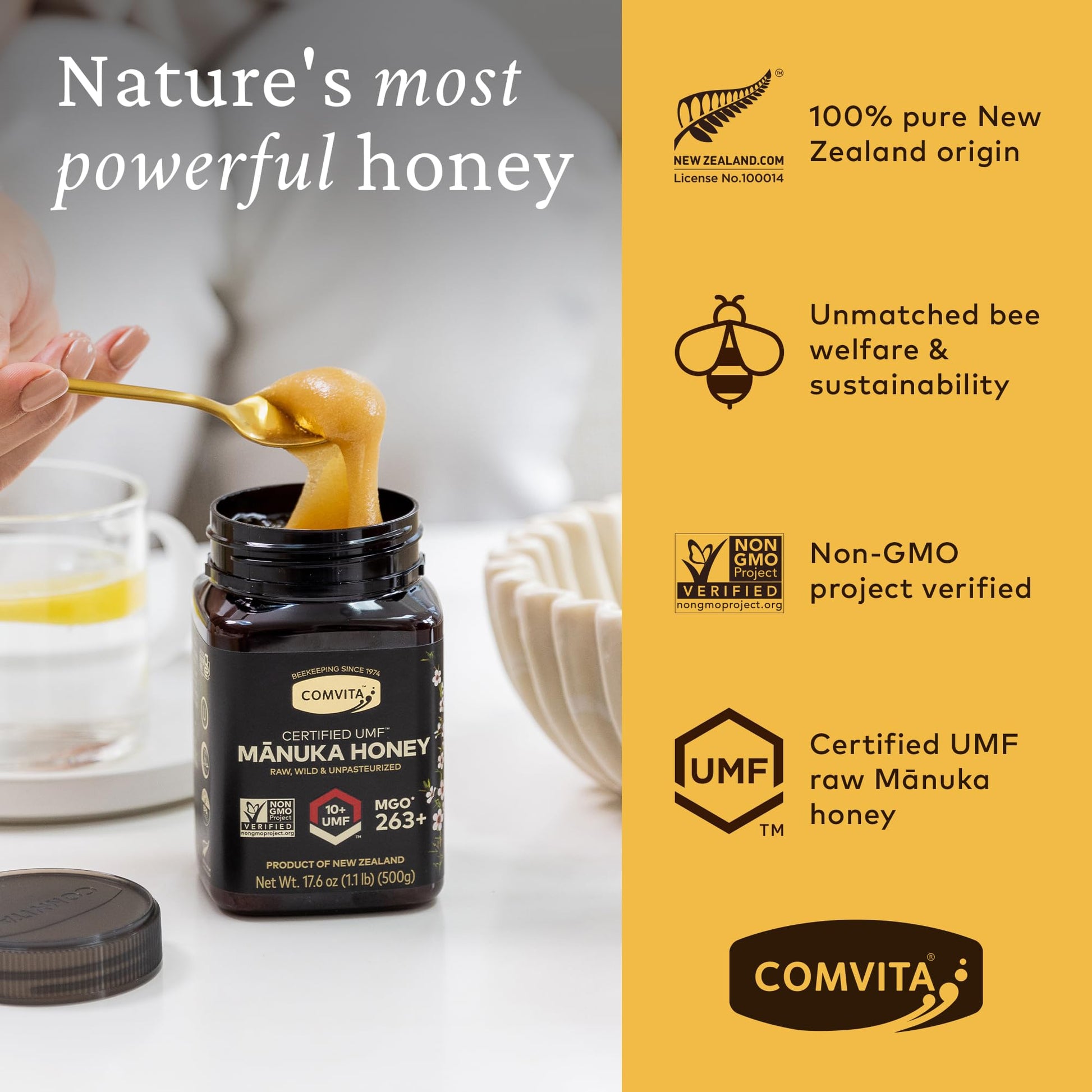 Comvita Manuka Honey UMF 10+ (MGO 263+) - Raw Manuka Honey New Zealand, Pure & Unpasteurized, Superfood for Immune Health, Use in Tea, Wild, Monofloral, Non-GMO - 500g (17.6 oz) - Medaid International