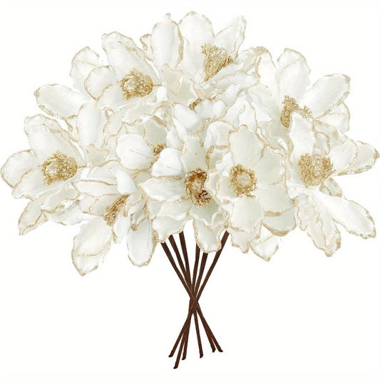 1Pc Glitter White Golden Artificial Flowers, Ideal for Christmas Tree, Wreath and DIY Ornaments for Xmas, New Year, Wedding Party & Holiday Decor - Medaid International