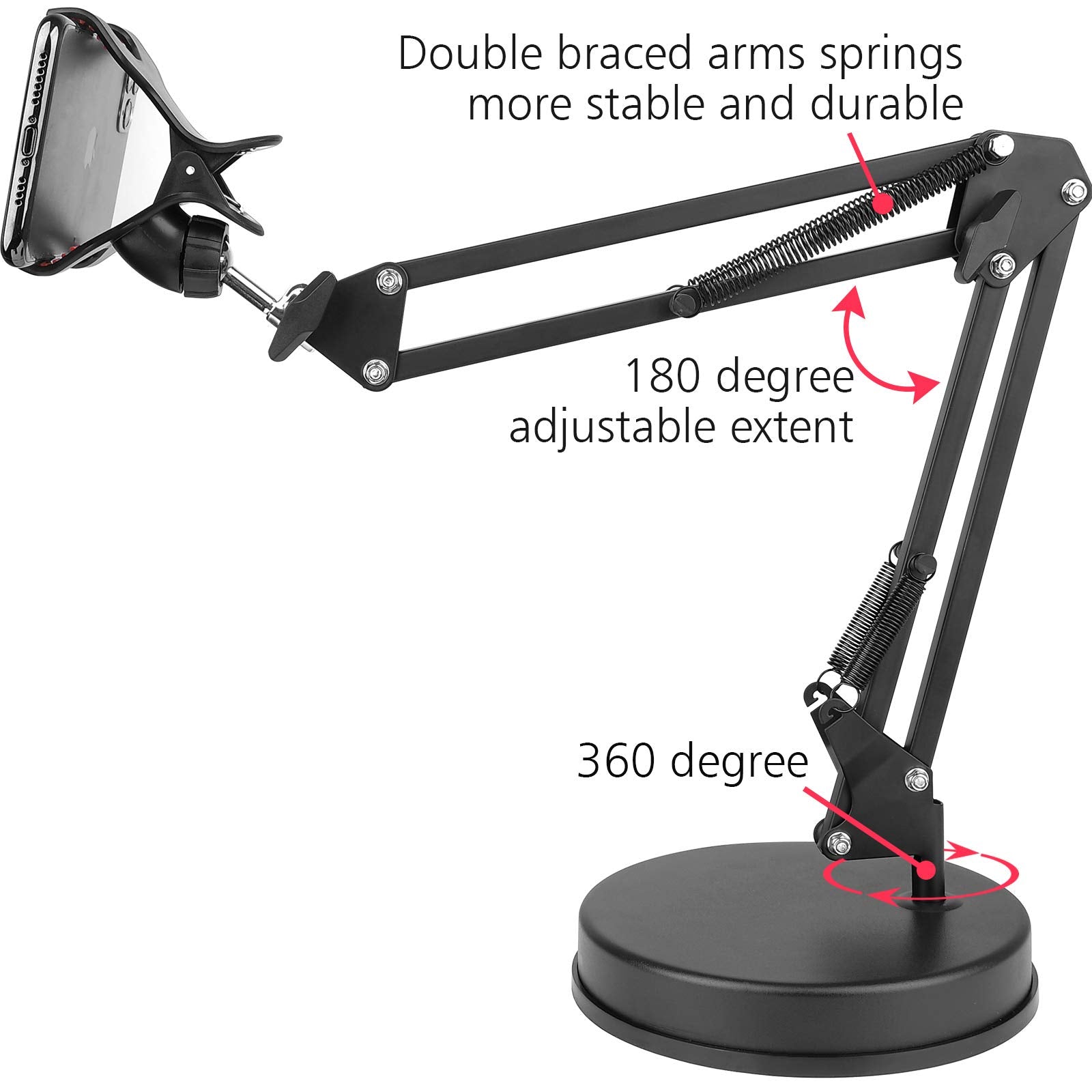 Chromlives Overhead Phone Mount - Articulating Arm Stand with Base, 360 Adjustable Phone & Tablet Holder - Medaid International