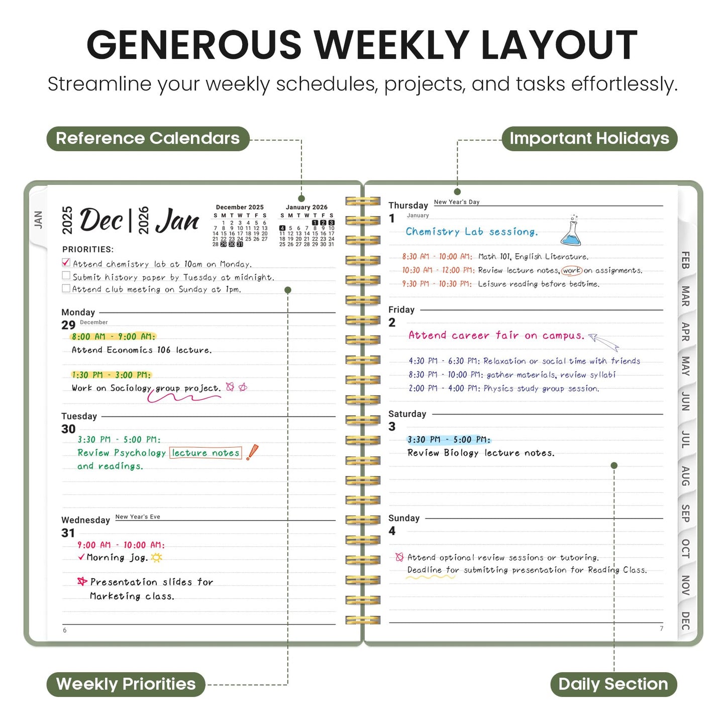 2026 Planner, Weekly and Monthly Calender Planner, Jan 2026 to Dec 2026, Hardcover 2026 Calendar Planner Book with Tabs & Inner Pocket, Office Home School Supplies for Women & Men - A5 (6.3" x 8.5"), Green - Medaid International