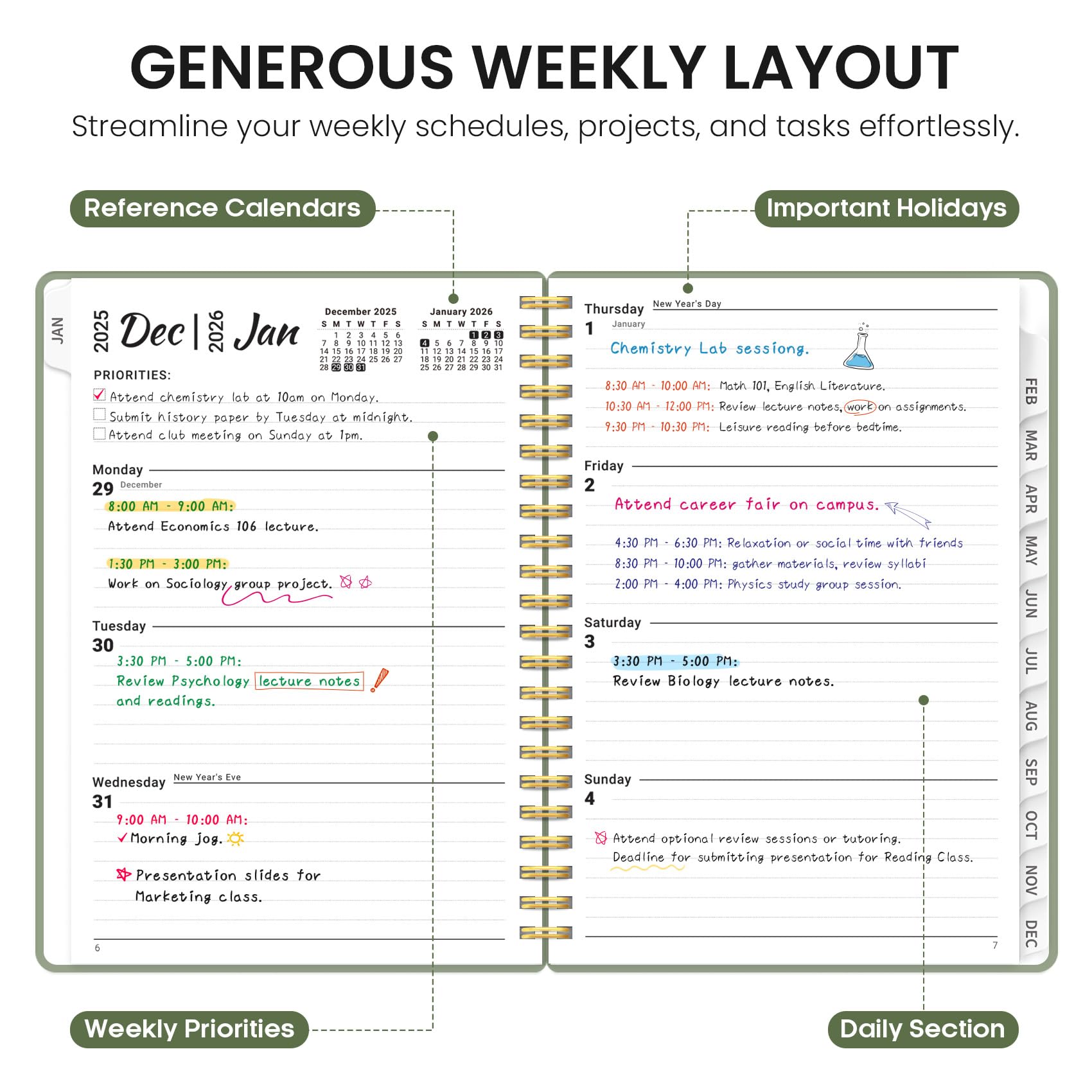 2026 Planner, Weekly and Monthly Calender Planner, Jan 2026 to Dec 2026, Hardcover 2026 Calendar Planner Book with Tabs & Inner Pocket, Office Home School Supplies for Women & Men - A5 (6.3" x 8.5"), Green - Medaid International