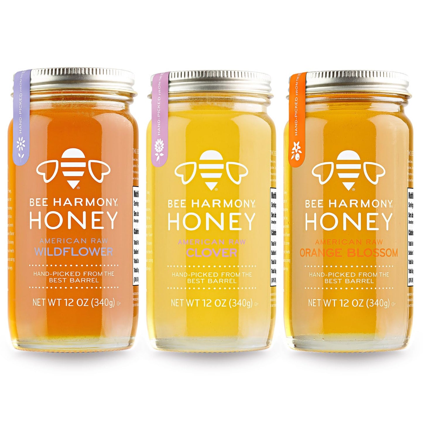 Bee Harmony Honey 3 Pack Variety Pack, 36 Ounce (Clover, Wildflower and Orange Blossom) - Medaid International