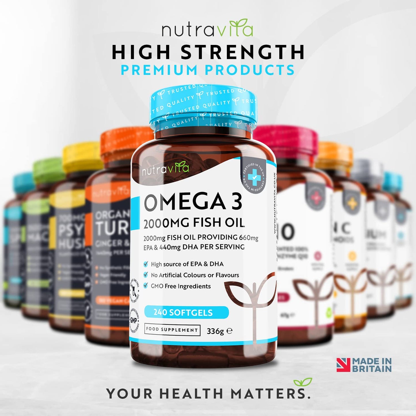 Omega 3 Pure Fish Oil 2000mg – 660mg EPA & 440mg DHA per Daily Serving – 240 Softgel Capsules – 4 Months Supply – for Maintenance of Normal Heart and Brain Function – Made in The UK by Nutravita - Medaid International