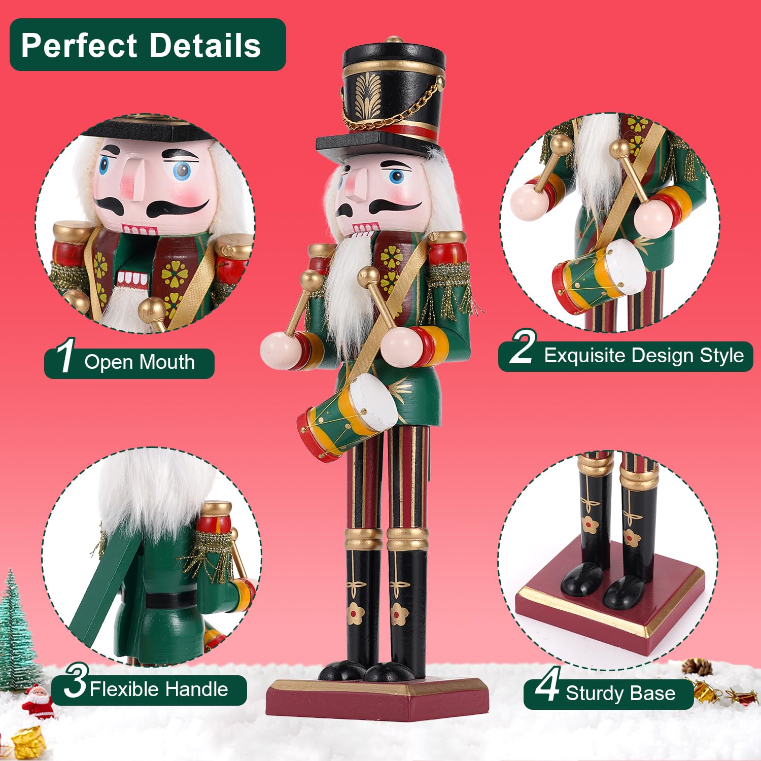 Tpudn 2 Pcs Wooden Christmas Nutcracker Soldier, 30CM Traditional Painted Figures, Festive Collectible for Home Fireplace Tree Party Decoration (Drummer & Spear) - Medaid International