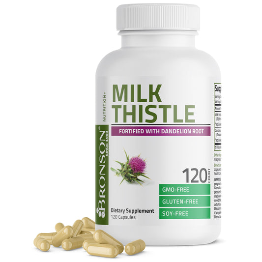 Bronson Milk Thistle Silymarin Marianum & Dandelion Root Liver Health Support, Antioxidant Support, Detox, 120 Capsules - Medaid International