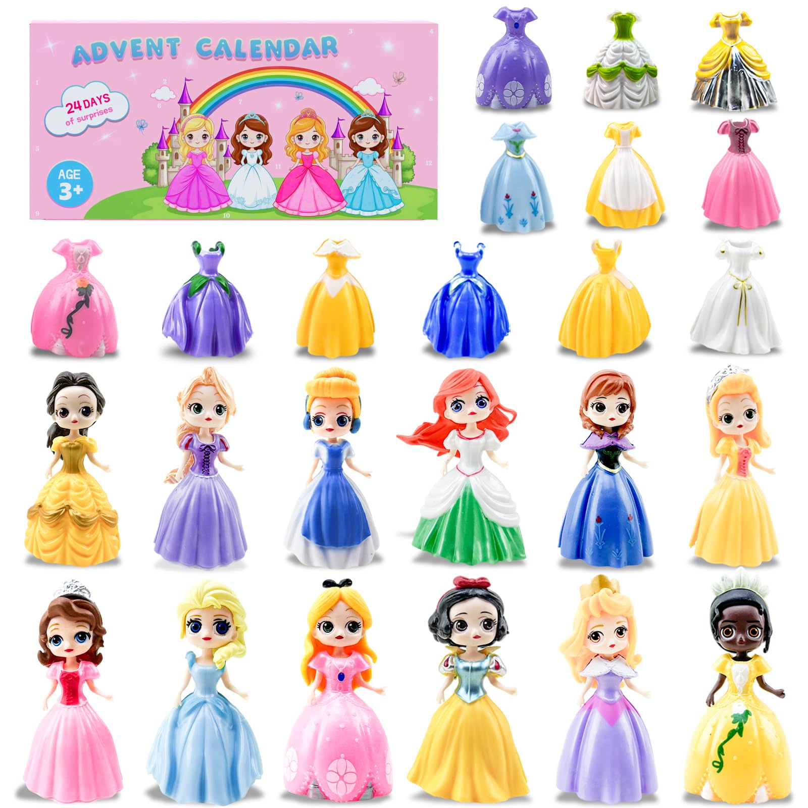 Princess Advent Calendar for Girls 24 Days Christmas Countdown Calendars Princess Transformable Skirt and Clothes Fun Xmas Gifts - Medaid International