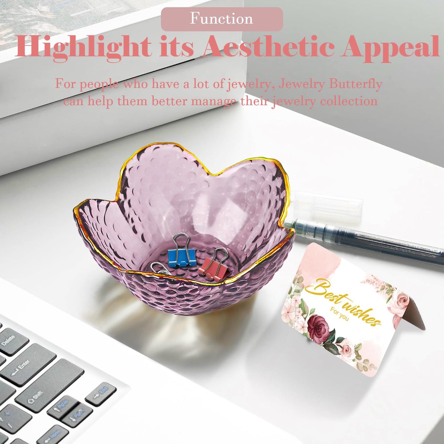 Purple Flower Jewelry Dish Glass Ring Holder Dish Jewelry Tray Cute Vanity Organizer Aesthetic Nightstand Bathroom Room Decor Trinket Dish Valentine's Friendship Christmas Birthday Gifts for Women - Medaid International