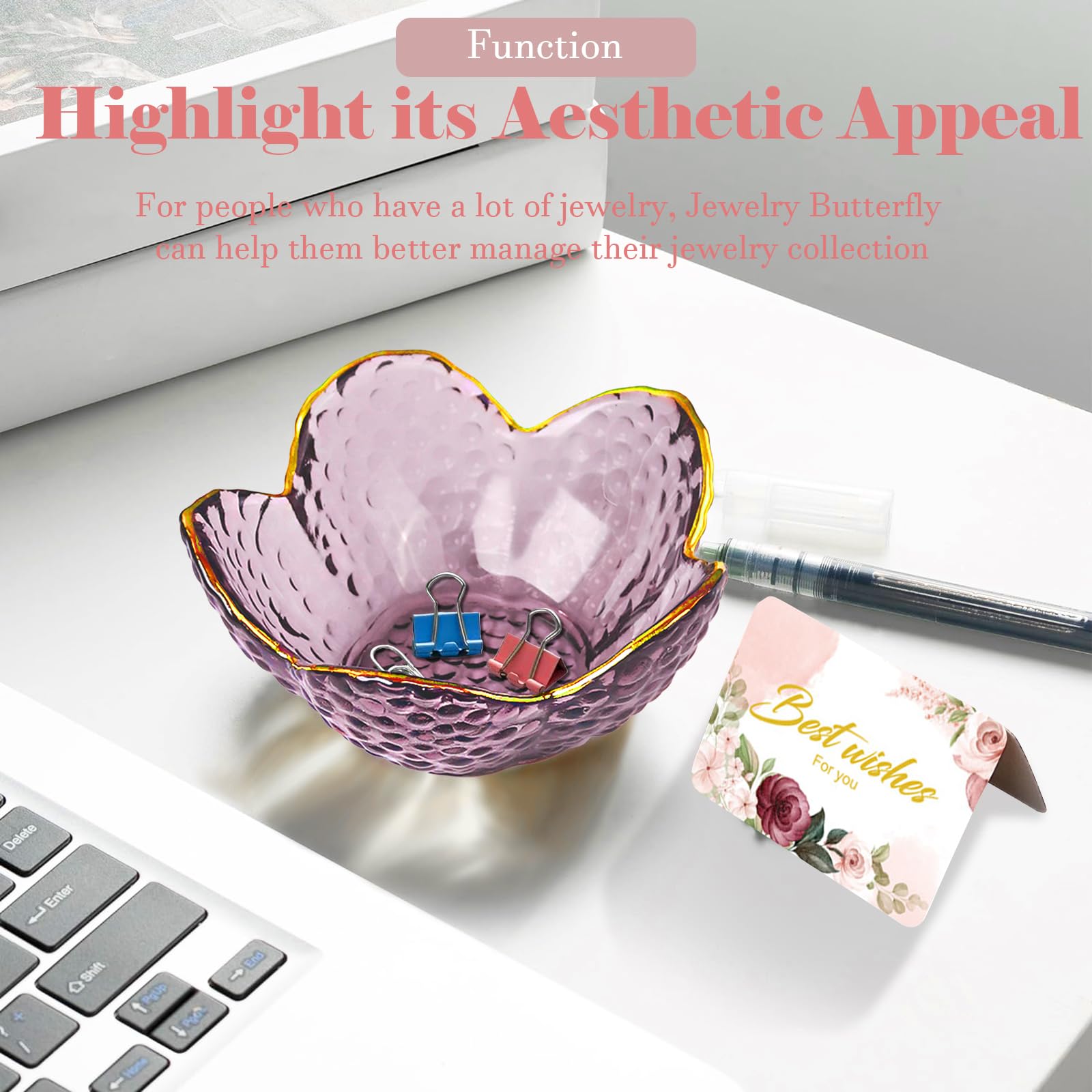 Purple Flower Jewelry Dish Glass Ring Holder Dish Jewelry Tray Cute Vanity Organizer Aesthetic Nightstand Bathroom Room Decor Trinket Dish Valentine's Friendship Christmas Birthday Gifts for Women - Medaid International