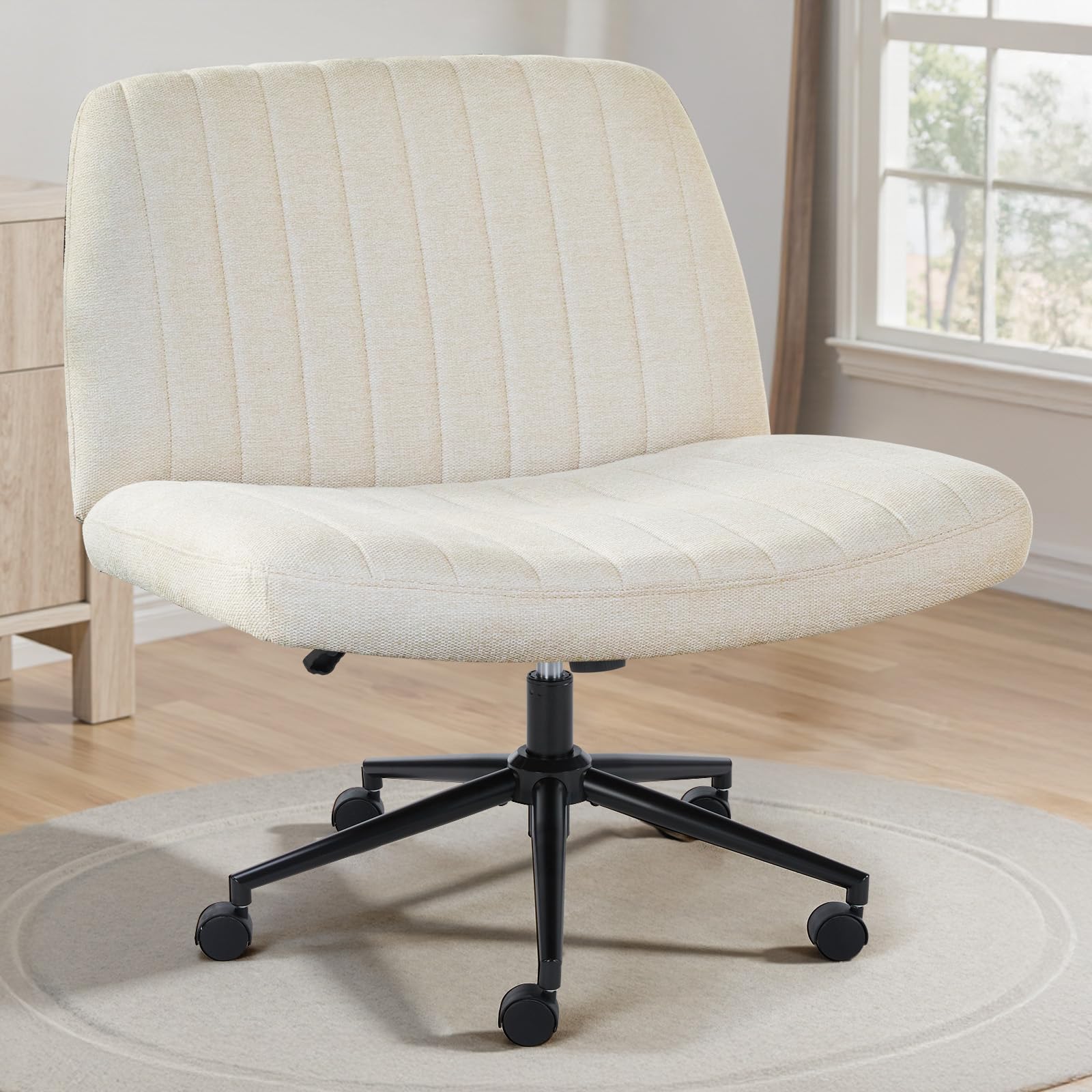 OLIXIS Criss Cross Chair with Wheels Wide Cross Legged Office Desk Vanity Chair Comfy Fabric Armless Adjustable Swivel for Home Computer Task Fabric Beige - Medaid International