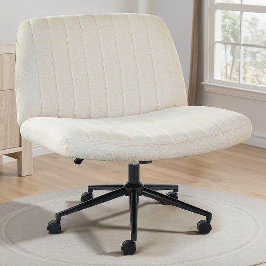 OLIXIS Criss Cross Chair with Wheels Wide Cross Legged Office Desk Vanity Chair Comfy Fabric Armless Adjustable Swivel for Home Computer Task Fabric Beige - Medaid International