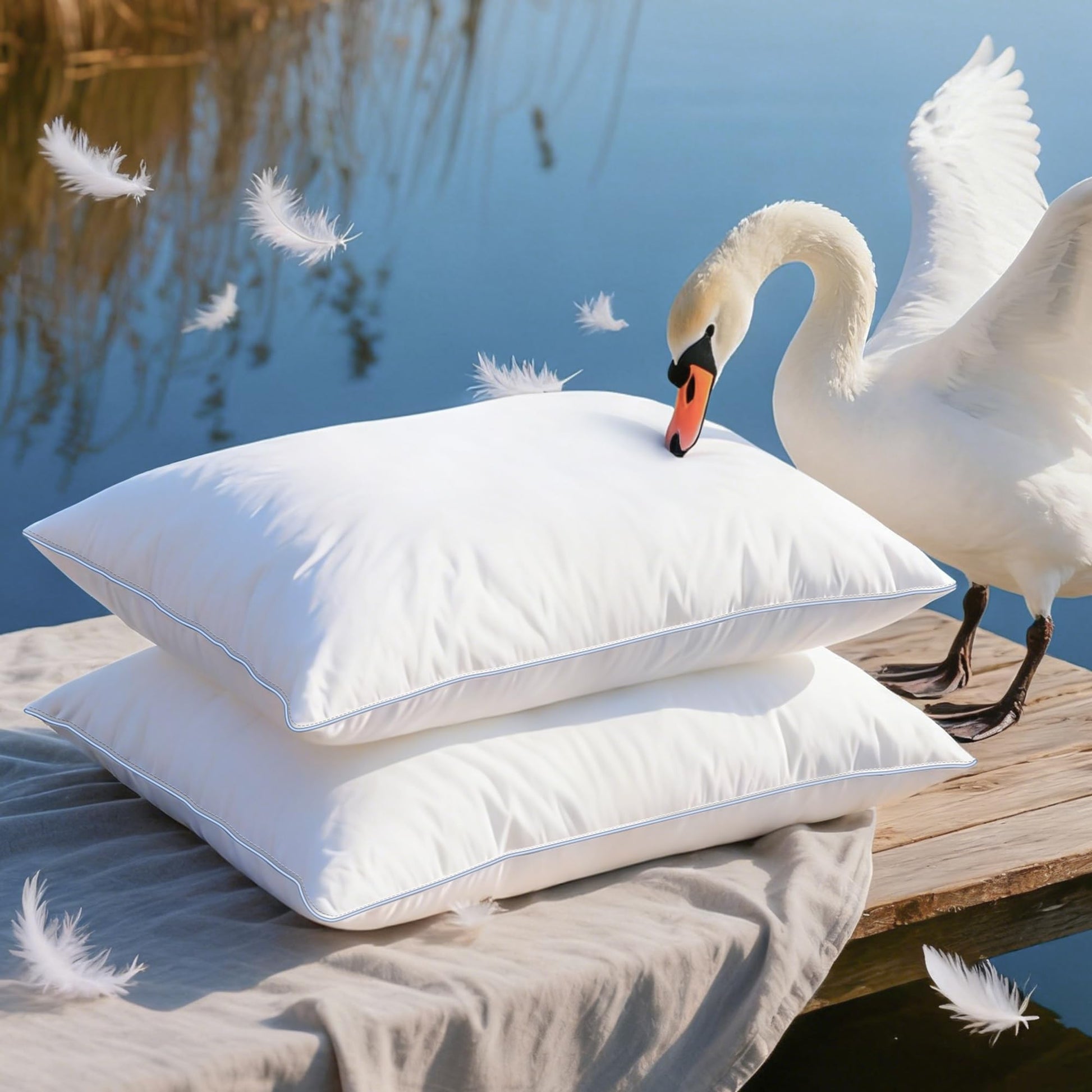 zibroges Goose Feather Pillow Queen Size Pack of 2 - Down Hotel Bed Pillows for Sleeping, Soft 600 Thread Count Cotton Cover, Fluffy Support Surround Fill Polyester for Back, Stomach, Side Sleepers - Medaid International