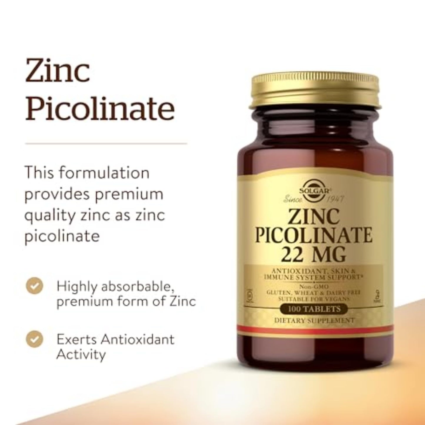 Solgar Zinc Picolinate 22 mg, 100 Tablets - Promotes Healthy Skin - Supports Immune System, Normal Taste & Vision - Antioxidant – Non-GMO, Vegan, Gluten Free, Kosher - 100 Servings - Medaid International