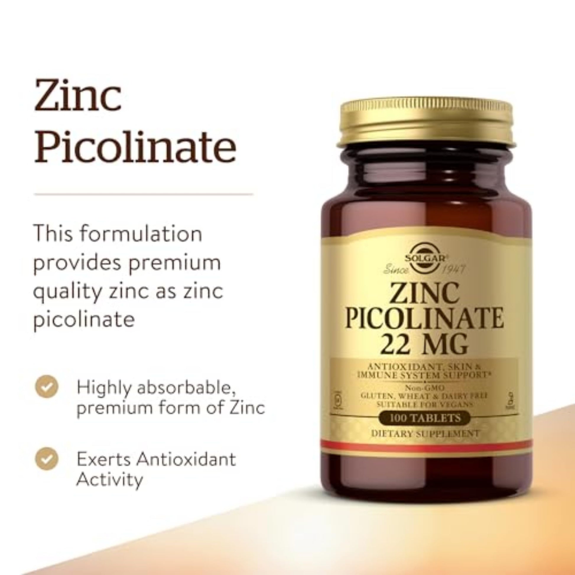 Solgar Zinc Picolinate 22 mg, 100 Tablets - Promotes Healthy Skin - Supports Immune System, Normal Taste & Vision - Antioxidant – Non-GMO, Vegan, Gluten Free, Kosher - 100 Servings - Medaid International