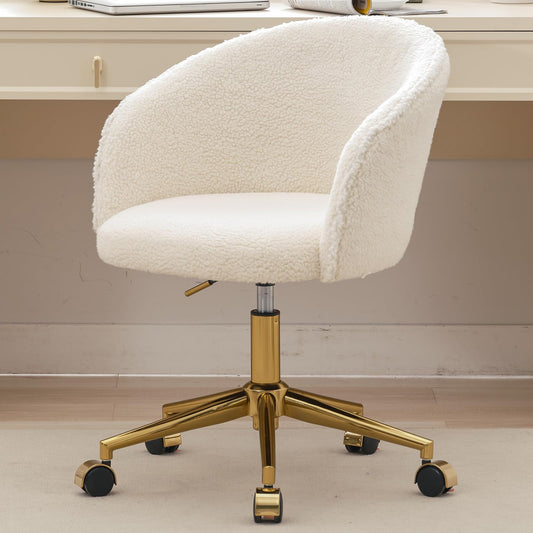 Nahenduo Cute Vanity Chair with Back, Teddy Velvet Desk Chair with Wheels and Gold Legs, Modern Makeup Chairs for Vanity Bedroom Office, Adjustable High 360 Swivel (Teddy White) - Medaid International