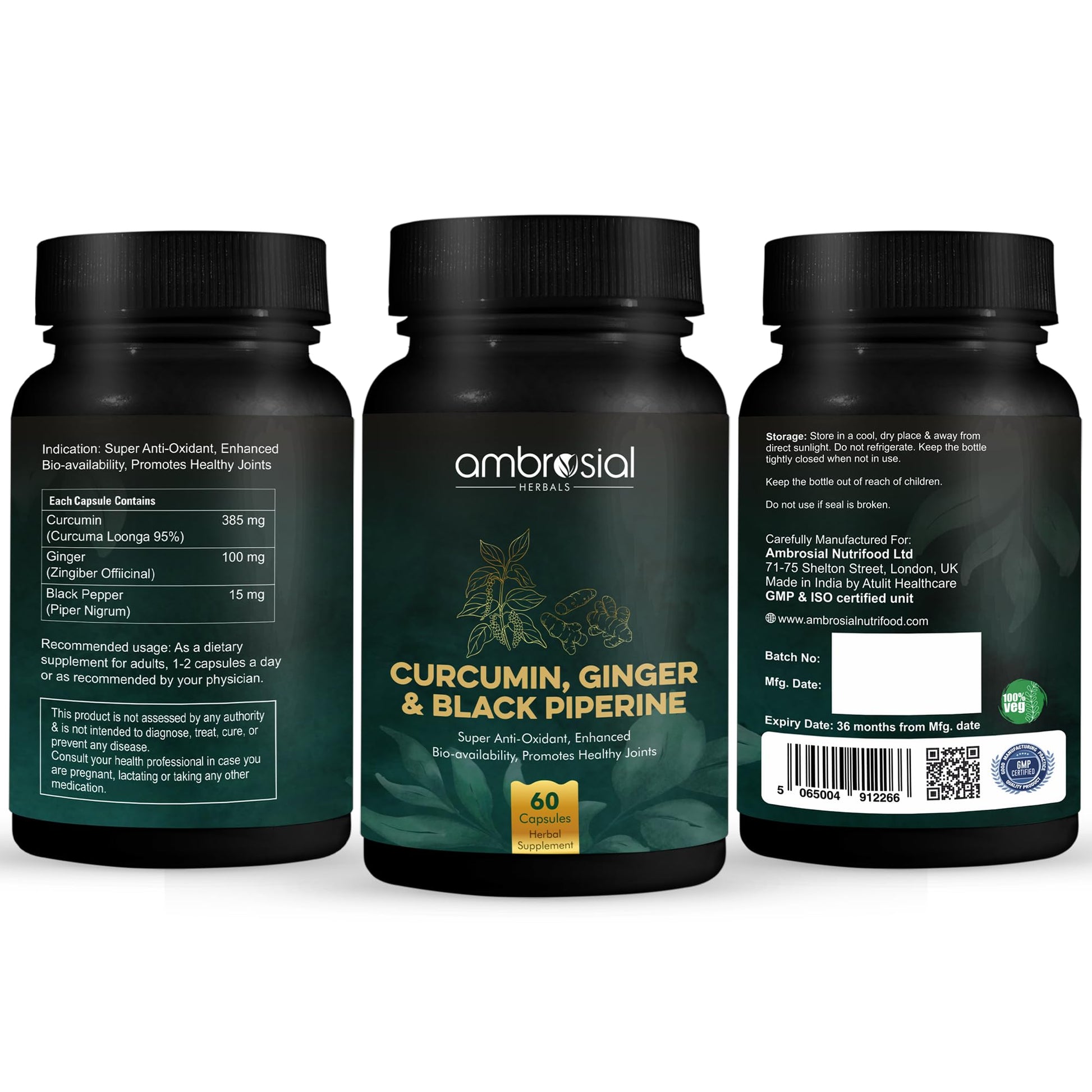 AMBROSIAL Curcumin with Piperine (Black Pepper) & Ginger | (Pack of 1-60 Capsules) - Medaid International