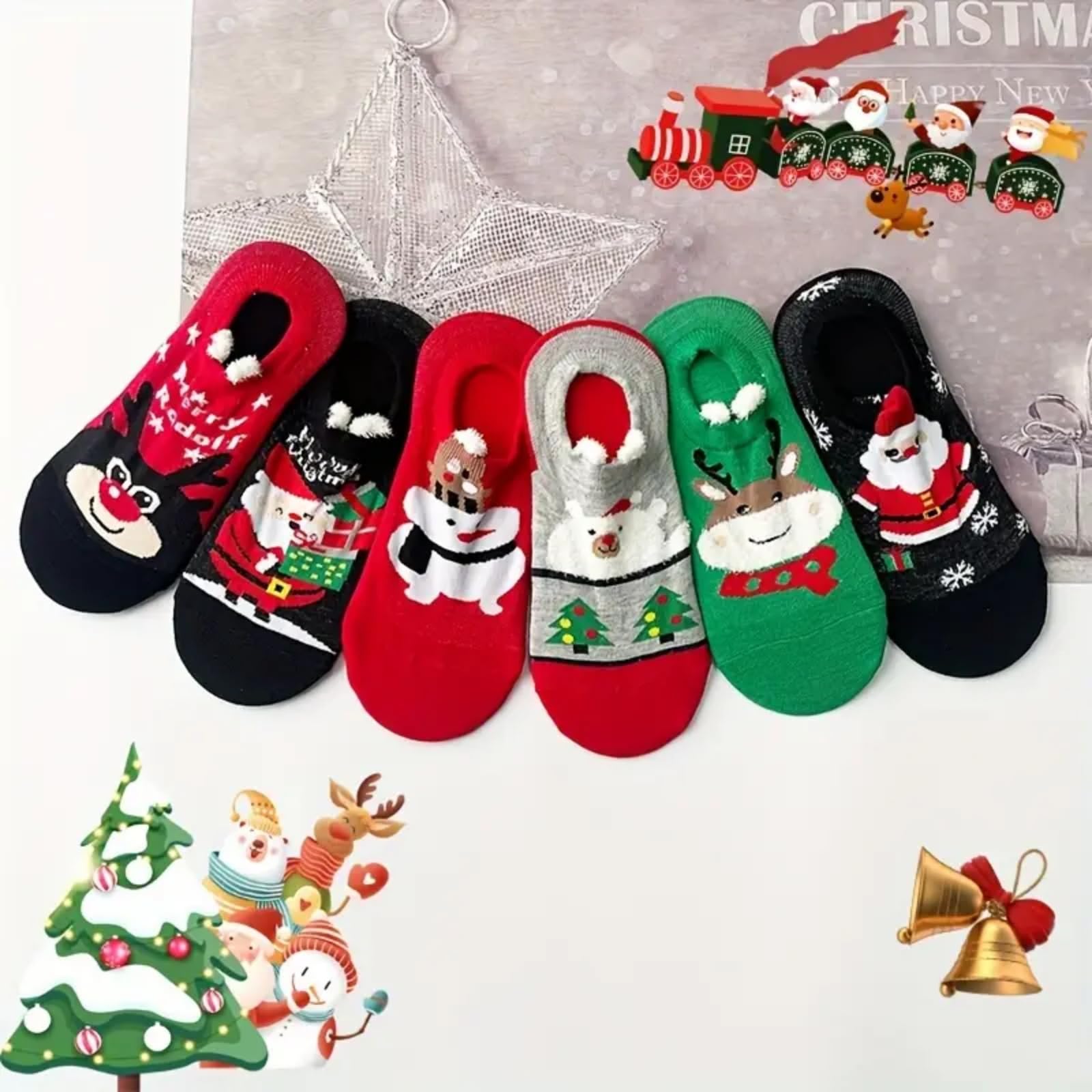 6 Pairs Cartoon Christmas Socks, Winter Warm Socks with Christmas Element Pattern for Xmas Gifts & Decor - Medaid International