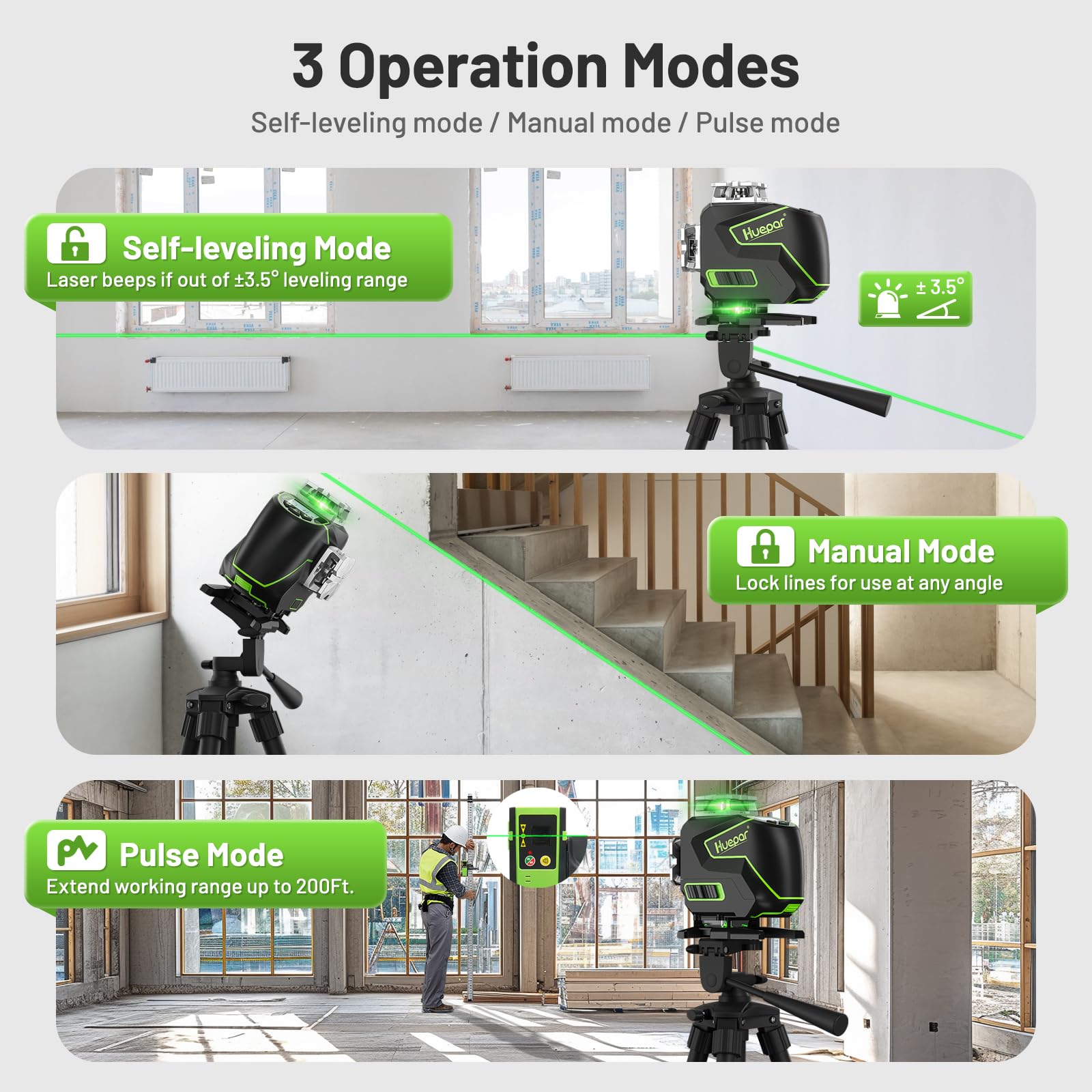 Huepar Laser Level 360 Self Leveling, 4x360° Green 4D Cross Line Laser with LCD Screen, Bluetooth Outdoor Pulse Mode Laser Tool for Construction -Remote Control, Li-ion Battery or 4 AA Batteries-S04CG - Medaid International