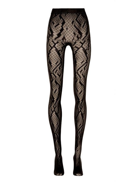 Wolford Python Net Tights for Women Seamless Warp Knit Fishnet Pantyhose with Exotic Snakeskin Design Logo Elastic Waistband Black Large - Medaid International