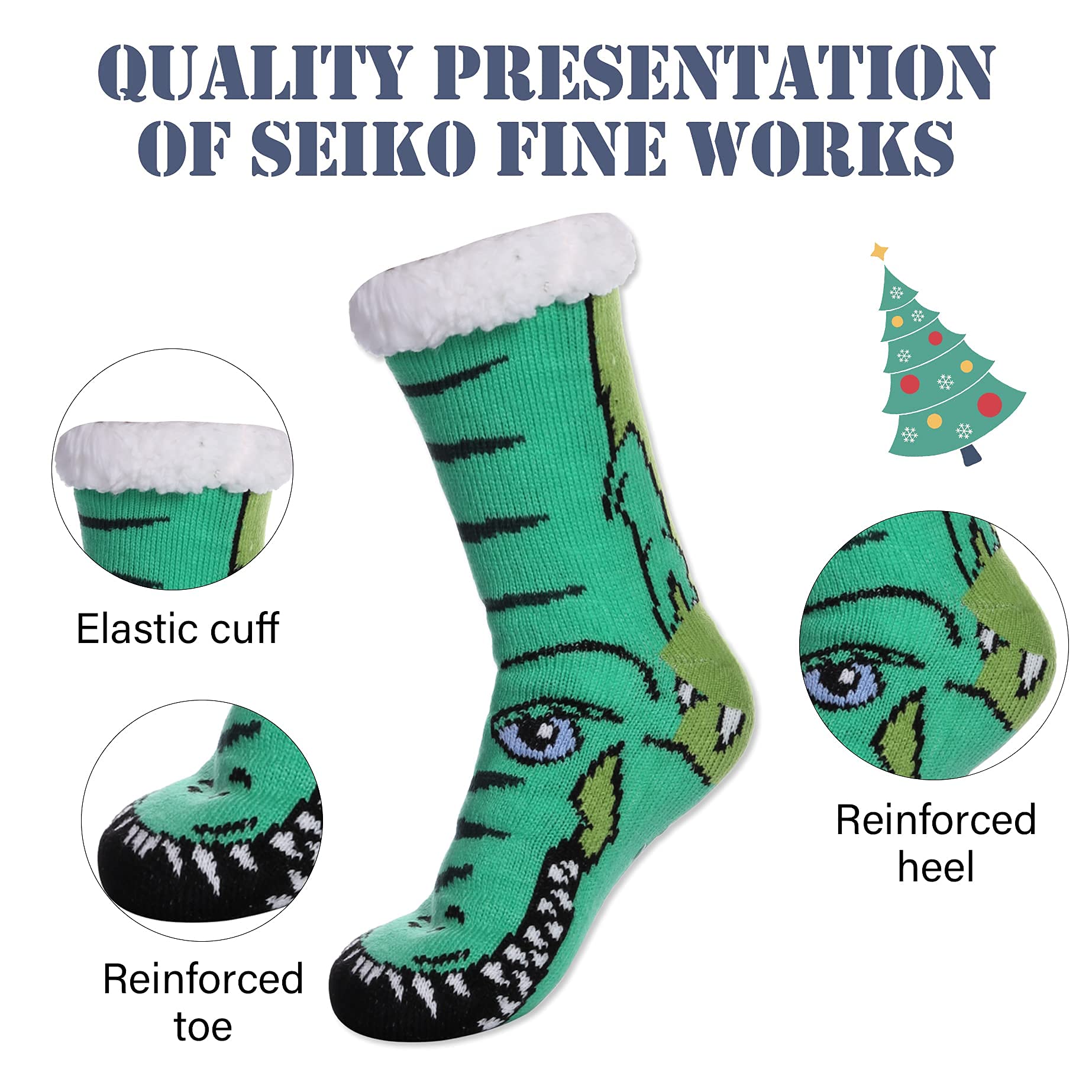 LINEMIN Mens Warm Slipper Socks Soft Cozy Fuzzy Fleece-Lined Winter Non Slip Indoor Christmas Socks (Dinosaur Green) - Medaid International