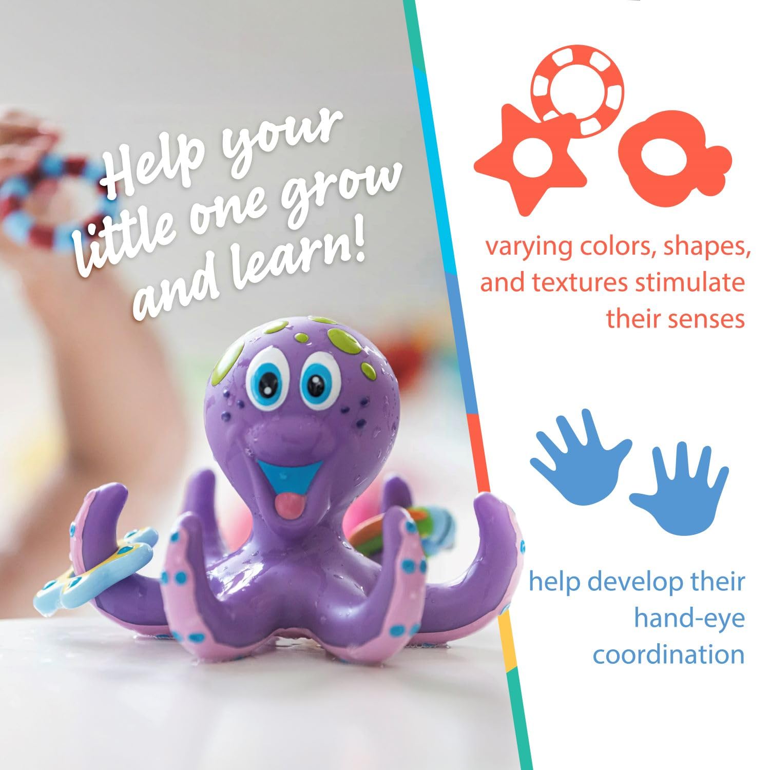 Nuby Floating Octopus Toy with 3 Hoopla Rings - Baby Bath Toy for Boys and Girls - 18+ Months - Purple (Pack of 1) - Medaid International