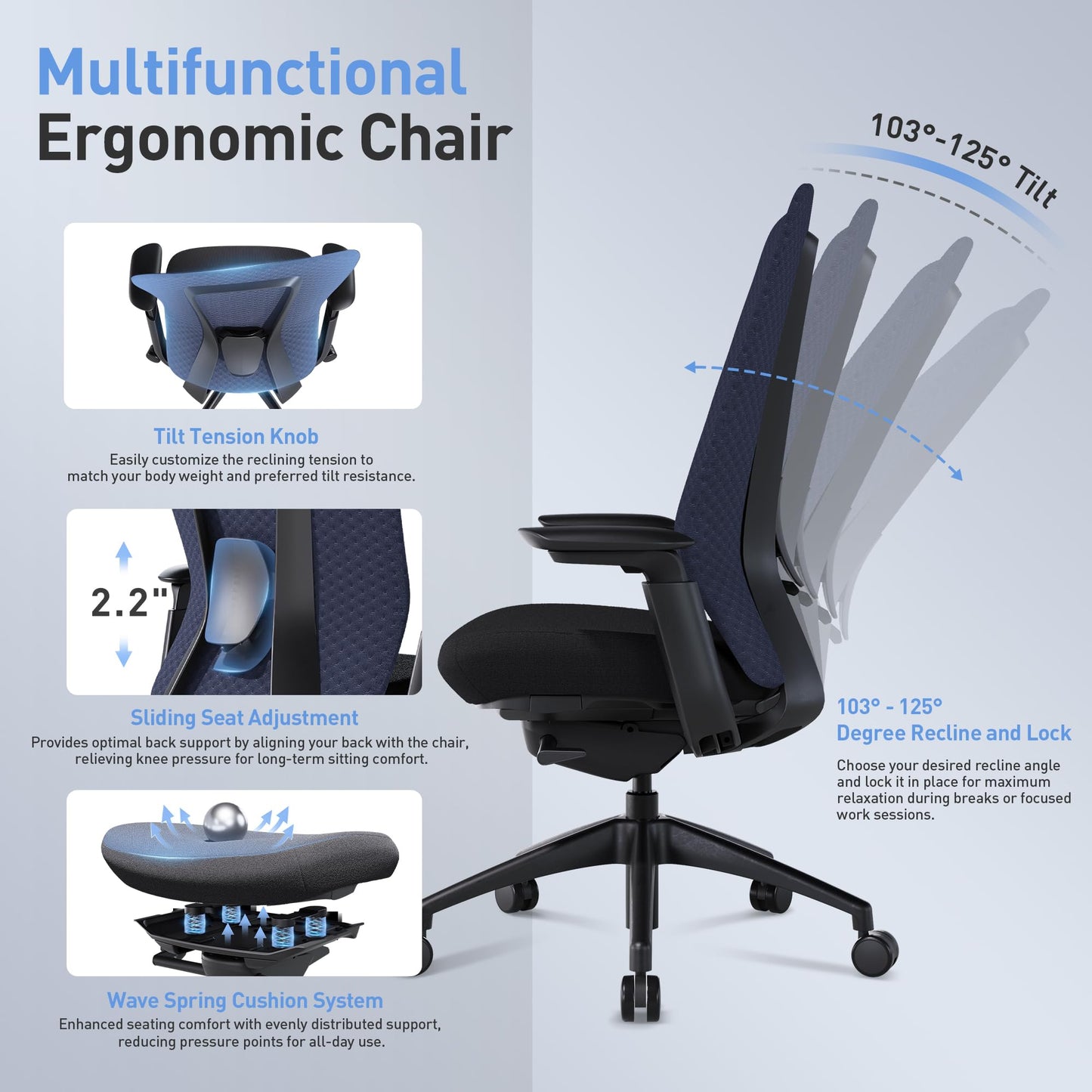 Executive Office Chair with 4D Adjustable Arms & Lumbar Support - Mesh Seat Depth Adjustment, 107°-115°-123°-132° Recline, Memory Foam & Aluminum Base for Modern Home/Office,Blue - Medaid International