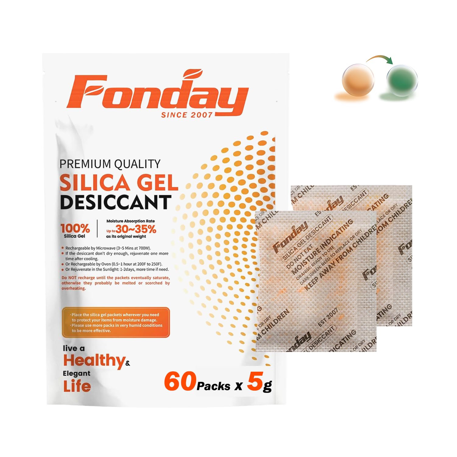 5g x 60 packs Fonday Rechargeable Silica Gel Desiccant Packets Food Grade Fast Reactivate Desiccant Bags Moisture Indicating Orange to Green - Medaid International