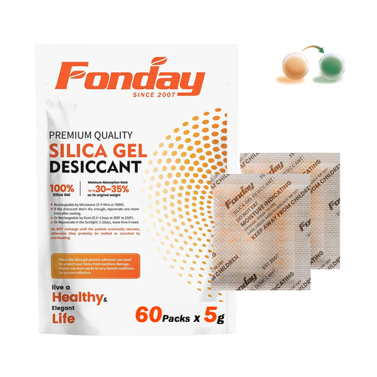 5g x 60 packs Fonday Rechargeable Silica Gel Desiccant Packets Food Grade Fast Reactivate Desiccant Bags Moisture Indicating Orange to Green - Medaid International