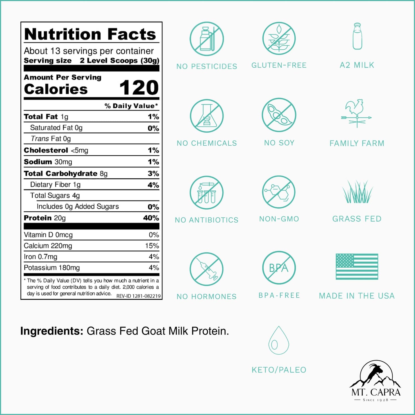 Mt. Capra Clean Whole Protein | Grass-Fed Goat Protein with Whey and Casein Protein | No Bloat, Build and Maintain Muscle, 20 g Protein per Serving, No Sweeteners | 13 Servings - 400 g - Medaid International