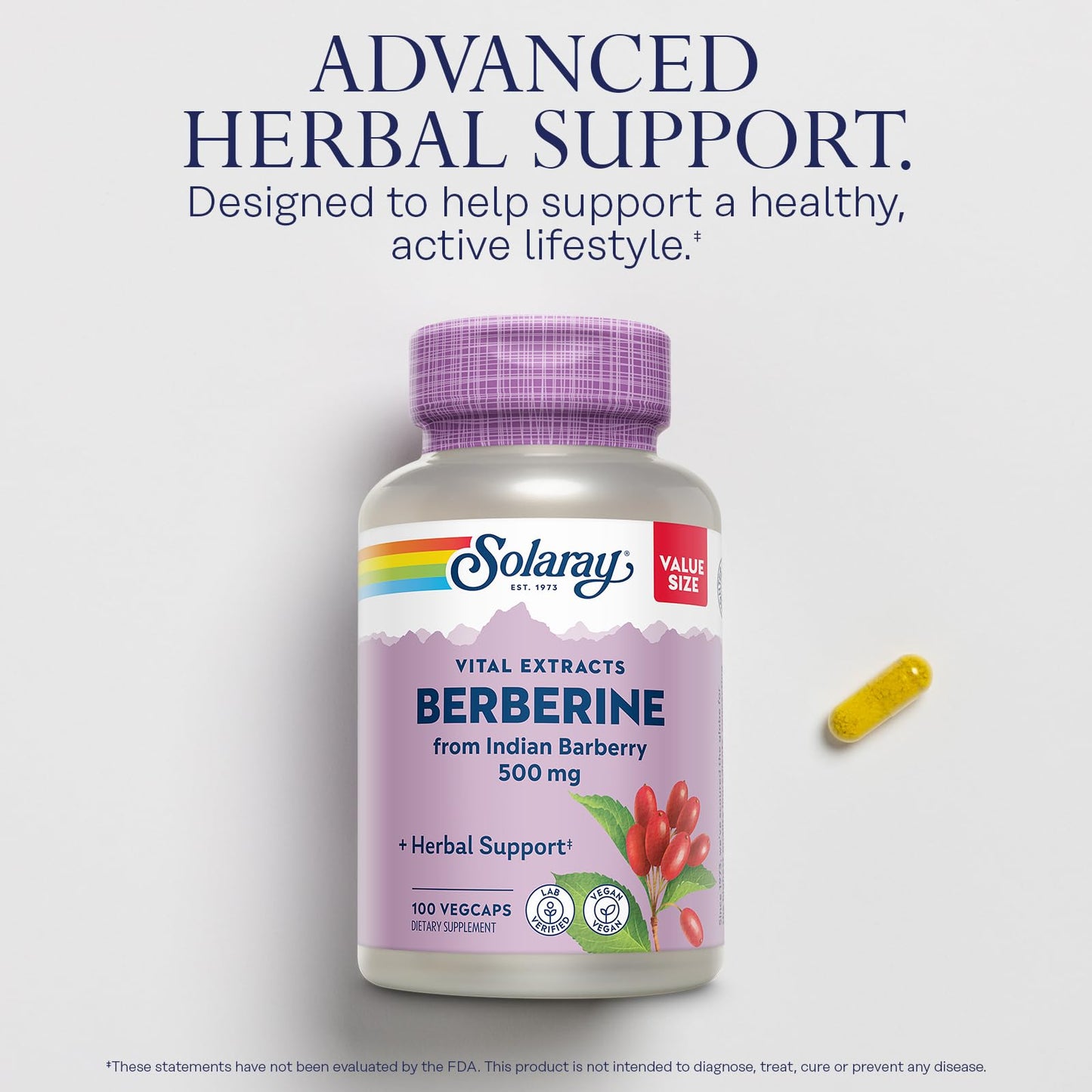 SOLARAY Berberine 500mg - Berberine Supplement for a Healthy, Active Lifestyle - with Berberine HCl from Indian Barberry - Vegan, Non-GMO, 60-Day Guarantee, Lab Verified - 100 Servings, 100 VegCaps - Medaid International