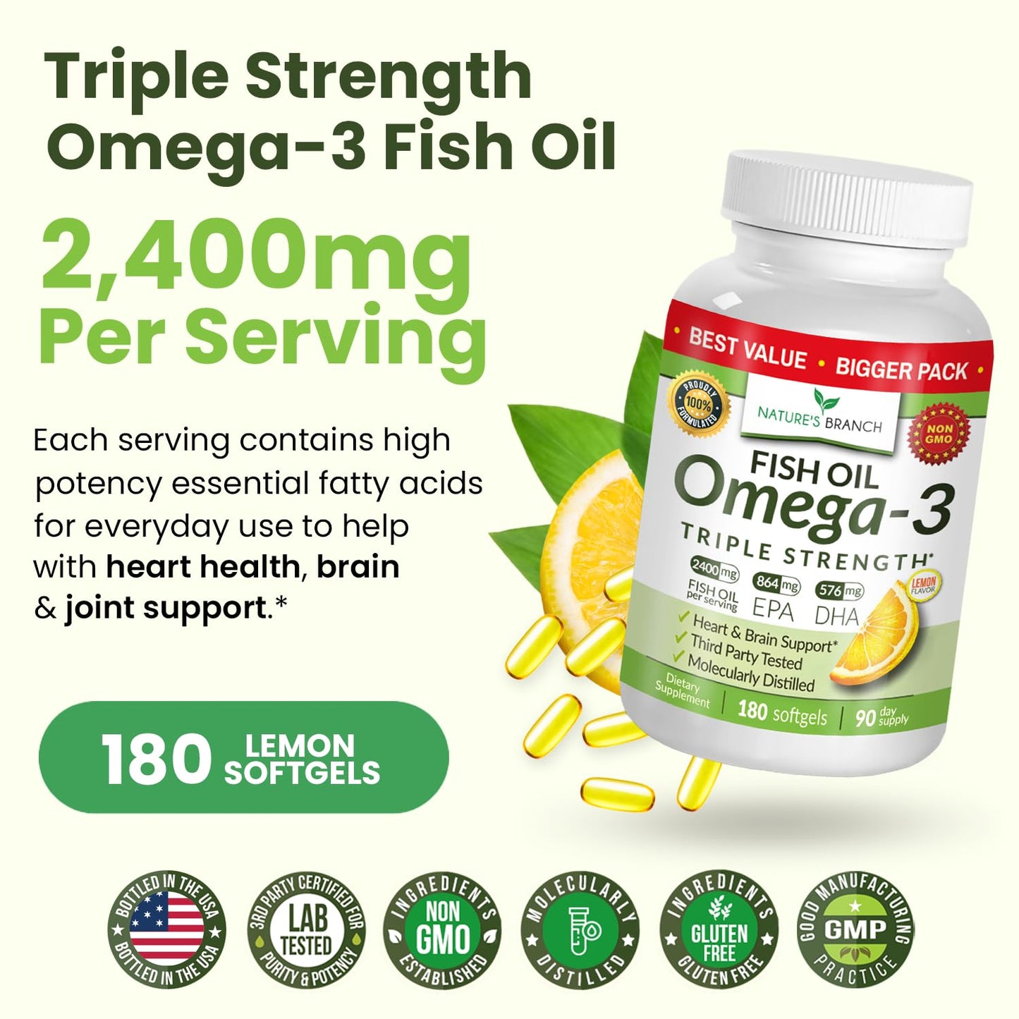 Best Triple Strength Omega 3 Fish Oil Pills - 180 Capsules - 2400mg High Potency Burpless Lemon Flavor 864mg EPA 576mg DHA Ultra Pure Liquid Softgels for Brain Joints Eyes Heart Health Supplement - Medaid International