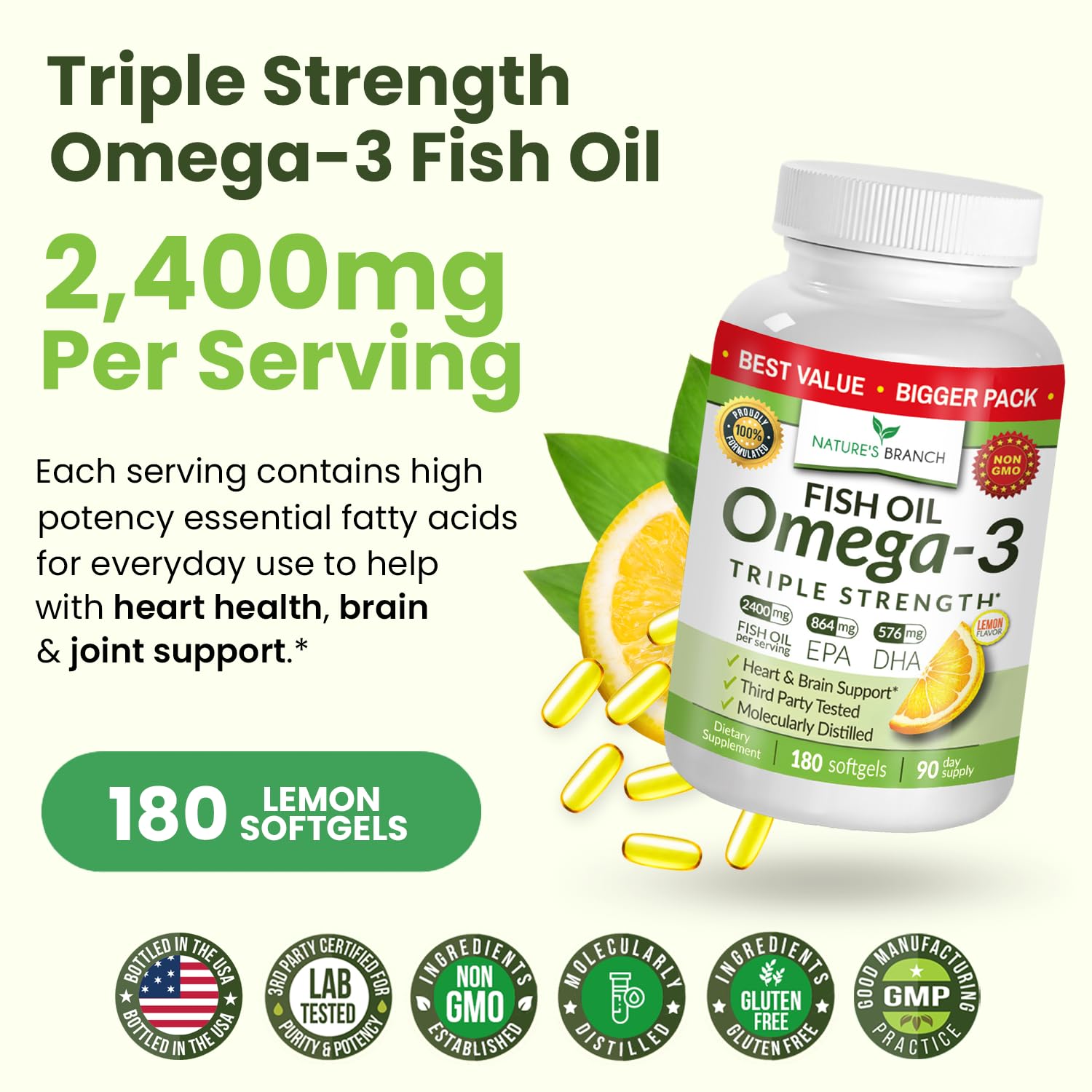 Best Triple Strength Omega 3 Fish Oil Pills - 180 Capsules - 2400mg High Potency Burpless Lemon Flavor 864mg EPA 576mg DHA Ultra Pure Liquid Softgels for Brain Joints Eyes Heart Health Supplement - Medaid International