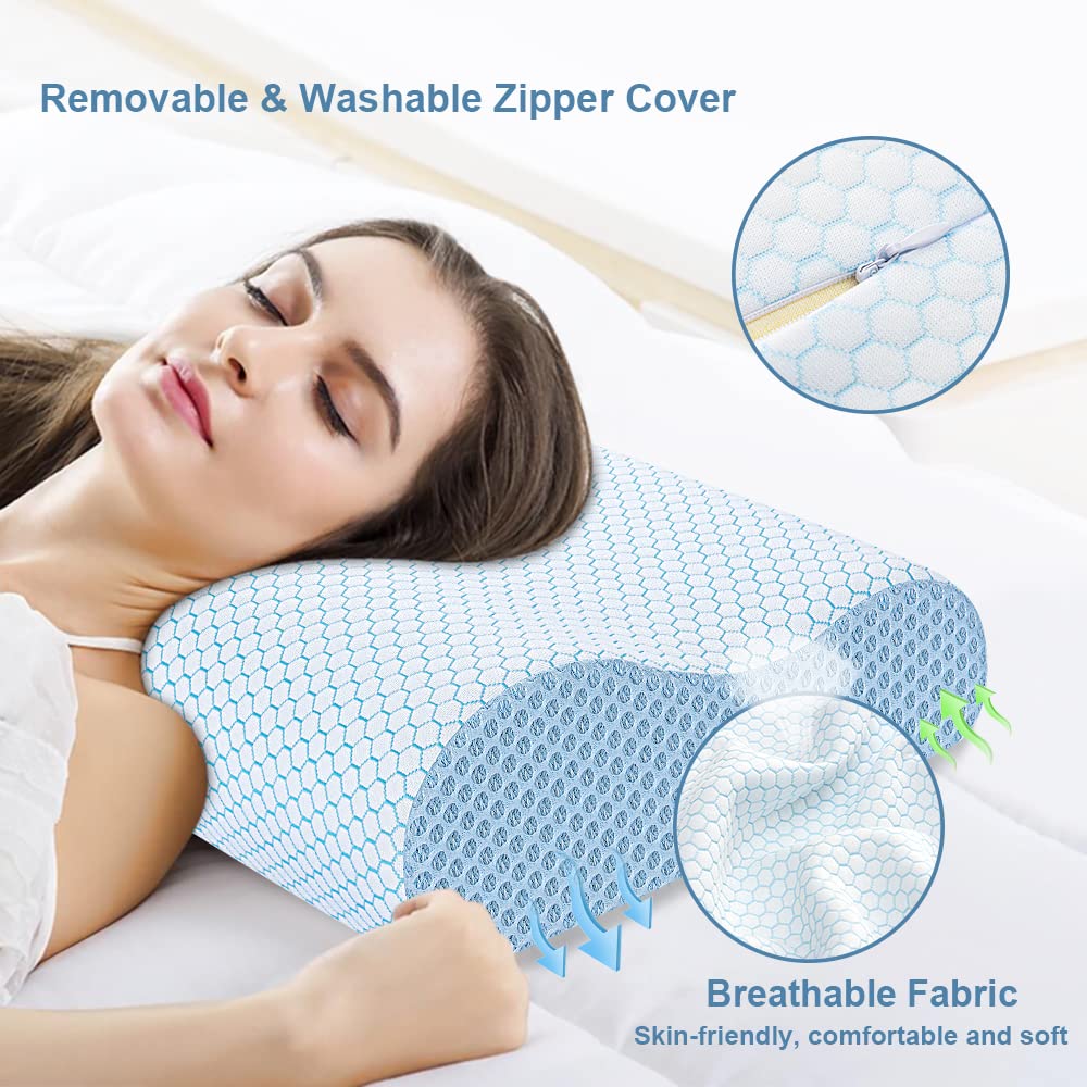 Anvo Memory Foam Pillow, Neck Contour Cervical Orthopedic Bed Pillow for Sleeping Side Back Stomach Sleeper, Ergonomic Design for Neck and Shoulder Pain Relief, Blue White, Firm - Medaid International