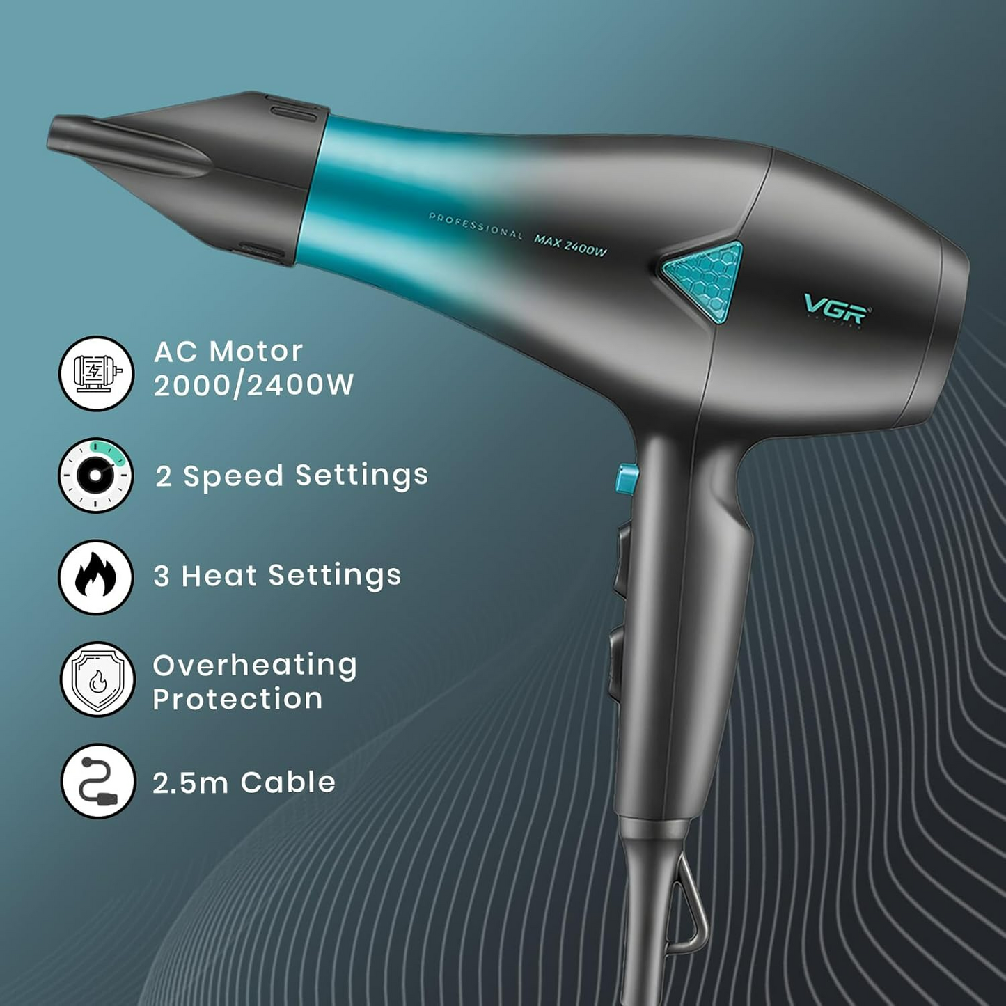 VGR V455 Professional Hair Dryer for both men and women, Independent Cool Shot, 3 Heat and 2 Speed Settings, Detachable Rear Cover - Medaid International
