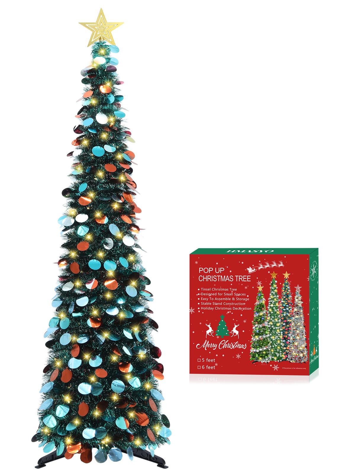 HMASYO 5 FT Pop Up Christmas Tree with Timer Lights, Blue Christmas Tinsel Tree, Collapsible Artificial Pencil Christmas Tree for Indoor Home Apartment Porch Holiday Party Decorations - Medaid International