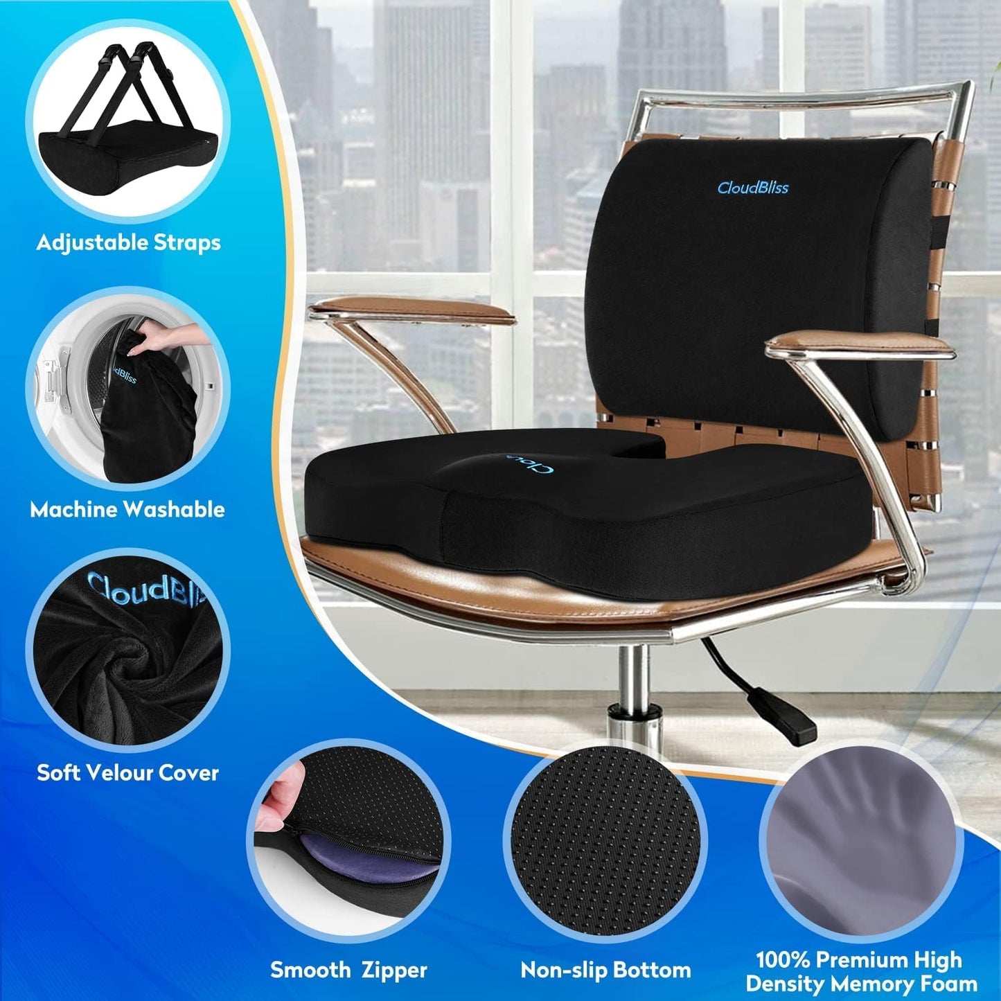 CloudBliss Seat Cushion,Office Chair Cushion,Car Seat Cushions,Lumbar Support Pillow for Office Chair,Back Support Memory Foam Pillow Coccyx Cushions for Tailbone Pain,Sciatica Back Pain Relief Black - Medaid International