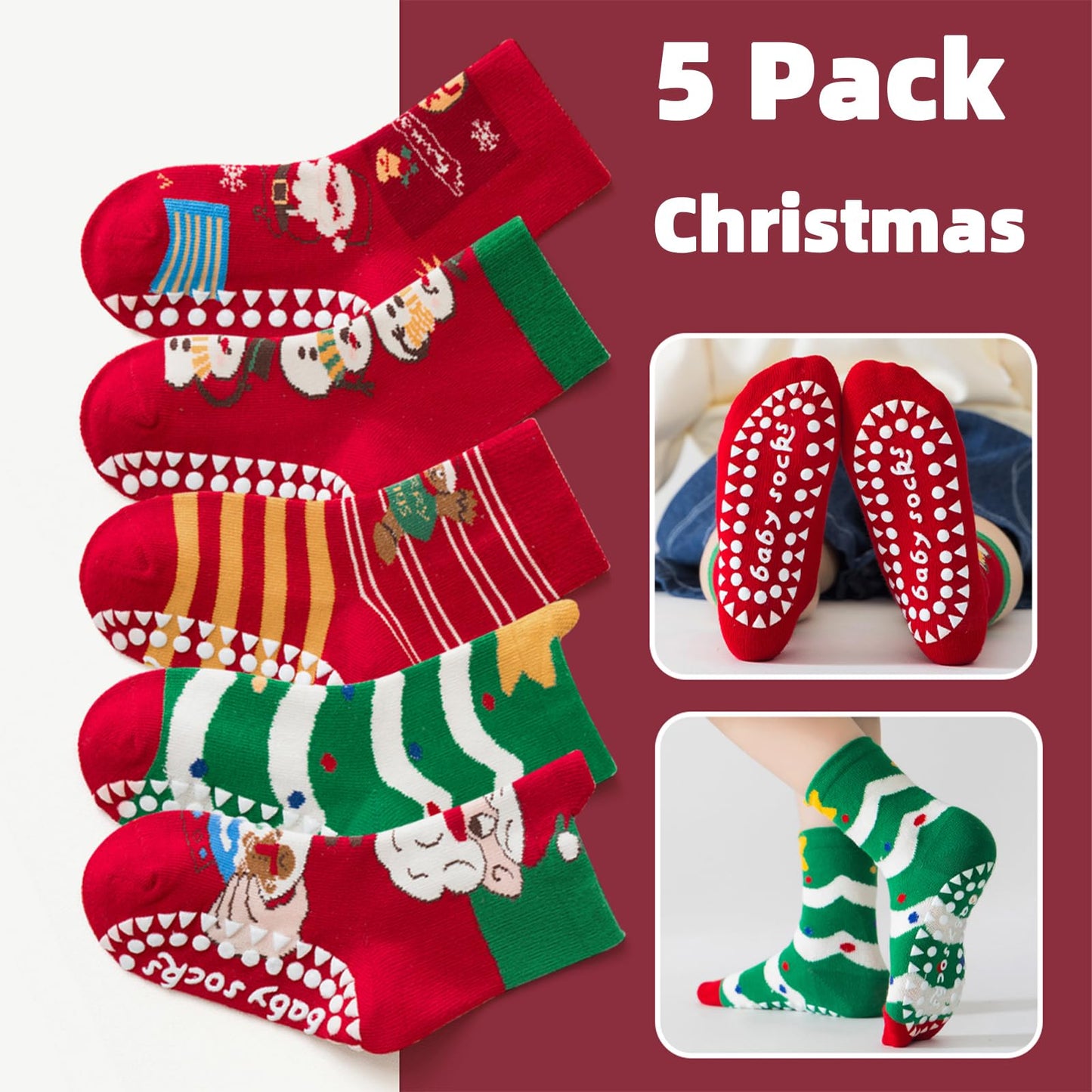Meeshine Toddler Kids Christmas Socks Baby No Slip Grip Socks Xmas Holiday Cotton Ankle Socks Boys Girls 1-8T - Medaid International