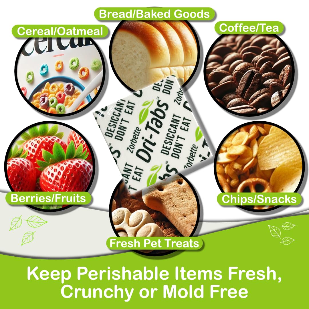 Zorbette Dri-Tabs | Food-Safe Moisture Absorbers – Keep Fruits, Veggies, Snacks, Bread & More Fresher, Longer! Eco-Friendly, Plant Based Desiccant That Replaces Silica Gel Packets - 75pk (Green) - Medaid International