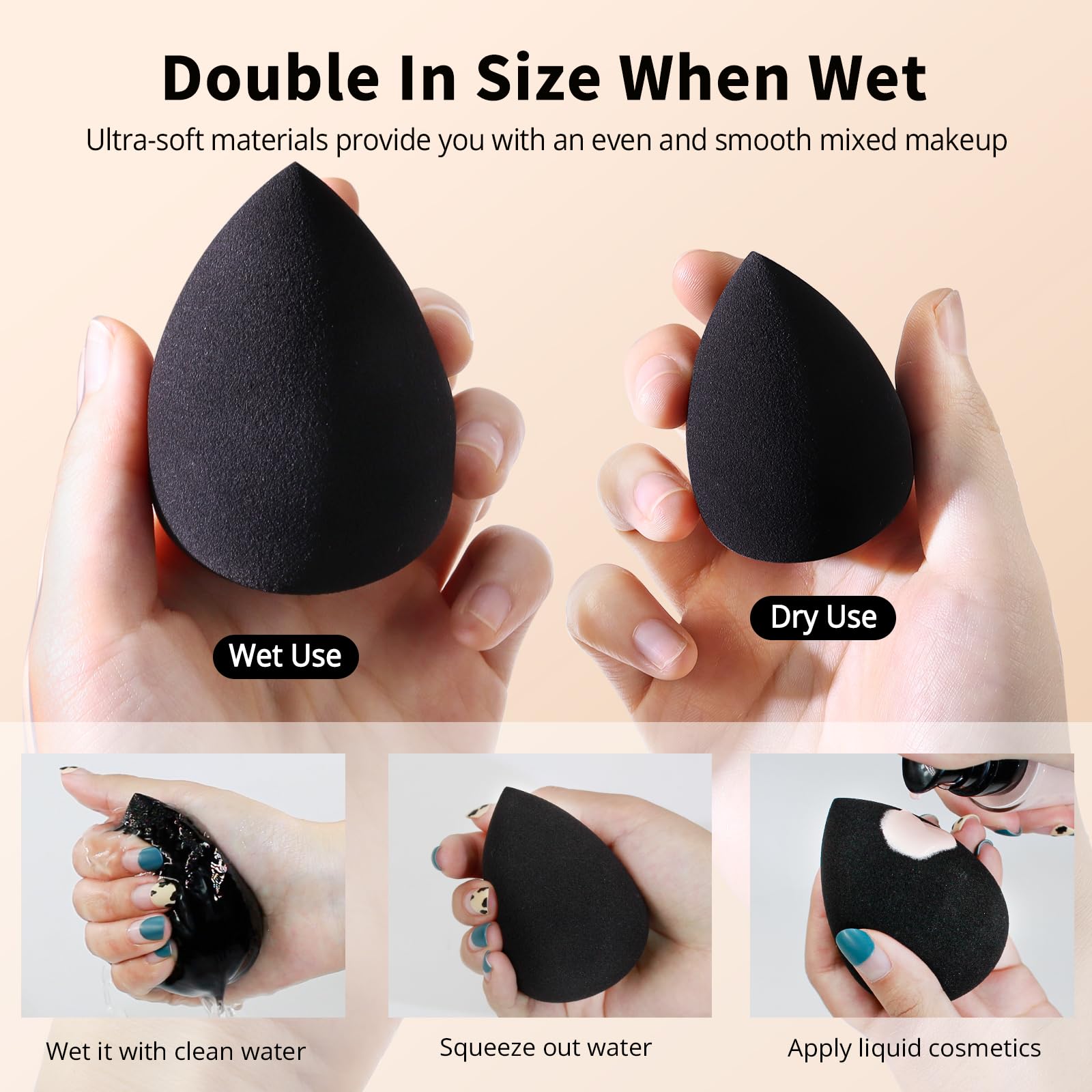BEAKEY Makeup Sponge Set, 5 Pcs Foundation Blending Sponge, Beauty Sponges Flawless for Liquid, Cream, and Powder, Latex-Free and Vegan Boun Boun Makeup Sponges, Black - Medaid International