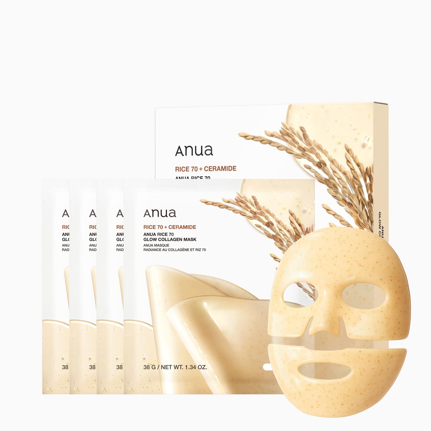 ANUA Rice 70 Glow Collagen Mask, Overnight Face Mask for Glass Skin, Ceramide, Collagen Facial Mask, Skin Moisture Barrier, Tightening Care, Natural Color, Korean Skin Care (38g, 4ea) - Medaid International