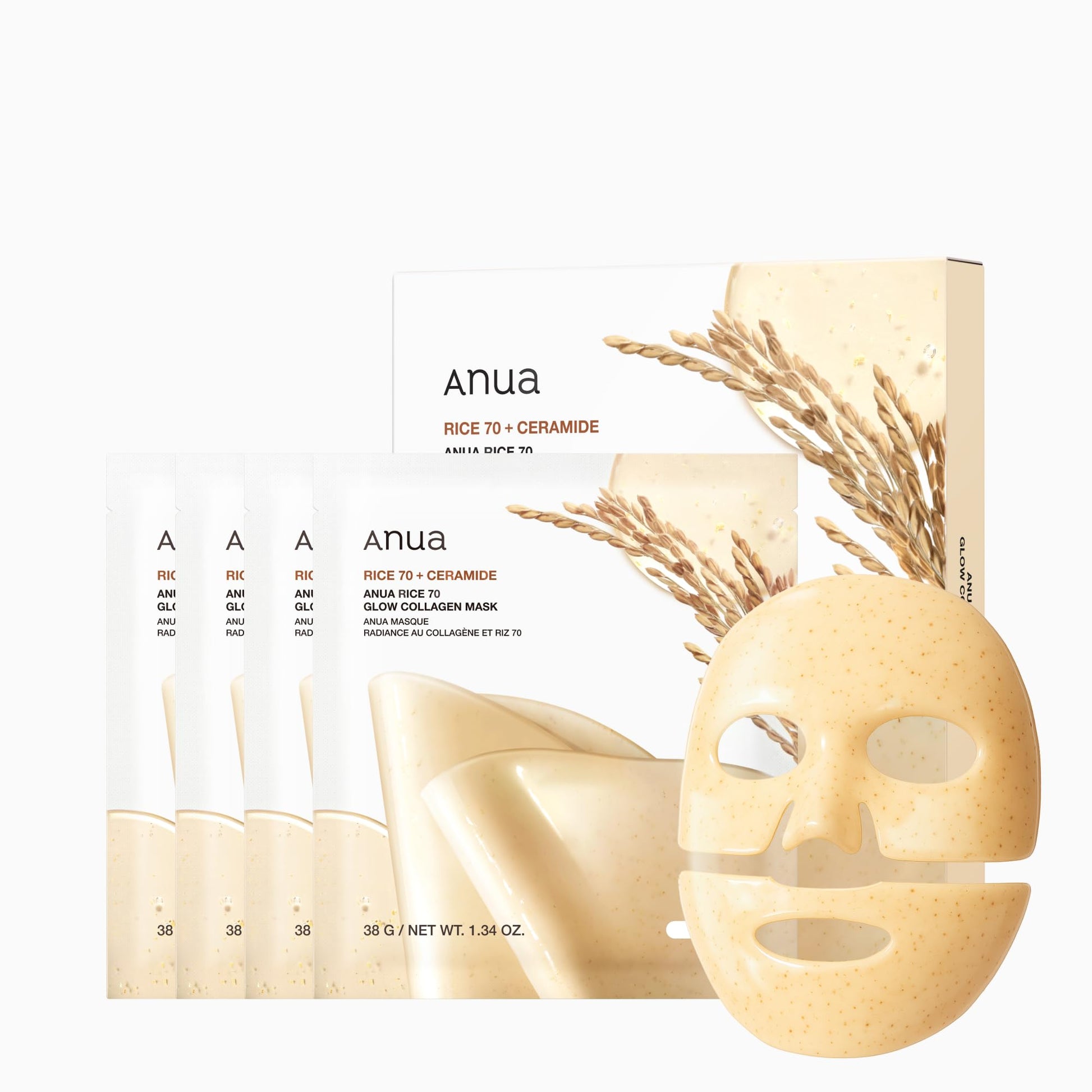 ANUA Rice 70 Glow Collagen Mask, Overnight Face Mask for Glass Skin, Ceramide, Collagen Facial Mask, Skin Moisture Barrier, Tightening Care, Natural Color, Korean Skin Care (38g, 4ea) - Medaid International