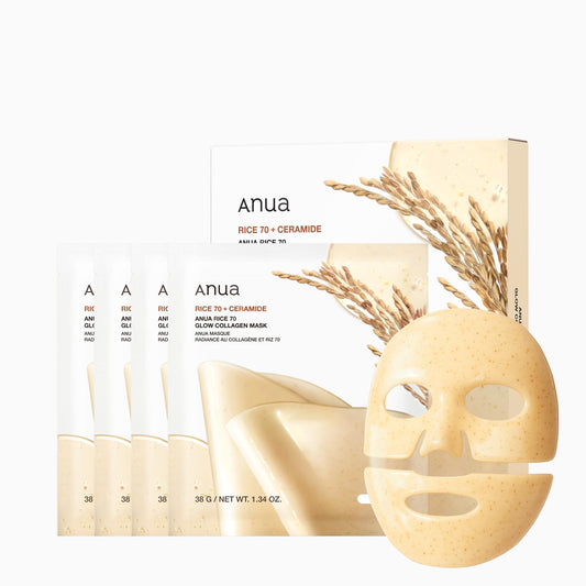 ANUA Rice 70 Glow Collagen Mask, Overnight Face Mask for Glass Skin, Ceramide, Collagen Facial Mask, Skin Moisture Barrier, Tightening Care, Natural Color, Korean Skin Care (38g, 4ea) - Medaid International