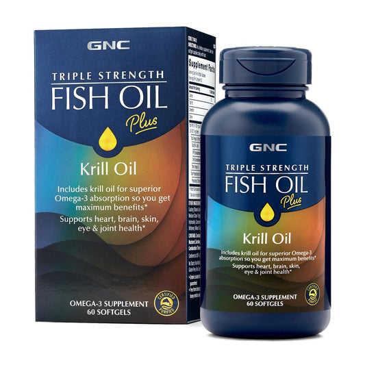 GNC Triple Strength Fish Oil Plus Krill Oil Omega 3 Supplement, 1000mg EPA and DHA, Supports Heart, Brain, Skin, Eye and Joint Health, 60 Softgels - Medaid International