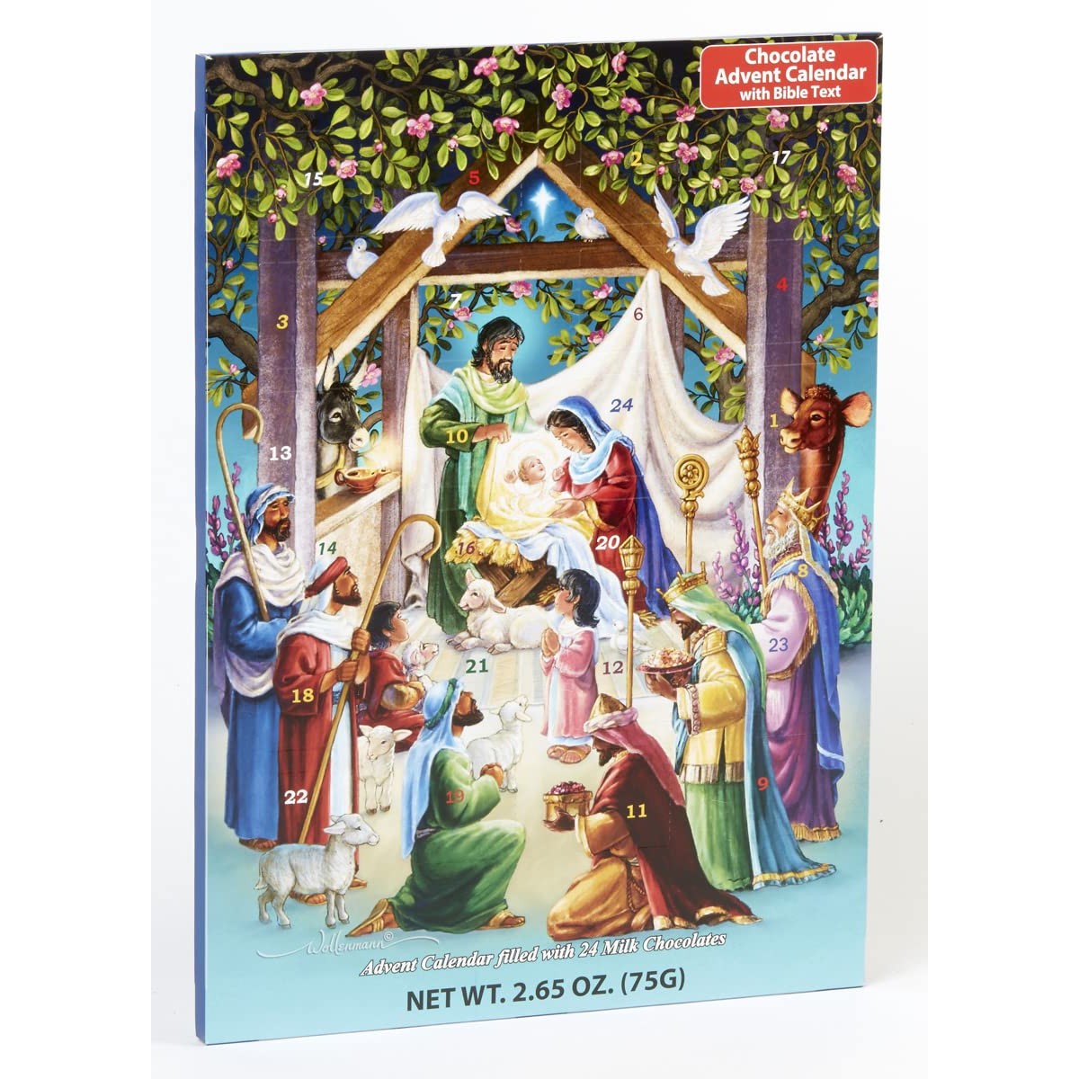 Advent Calendar 2025 Religious with Gourmet Milk Chocolate - 24 Windows Filled with Delicious Chocolate, Nativity Story Included, Perfect Advent Calendar for Adults - Vermont Christmas Company - Medaid International
