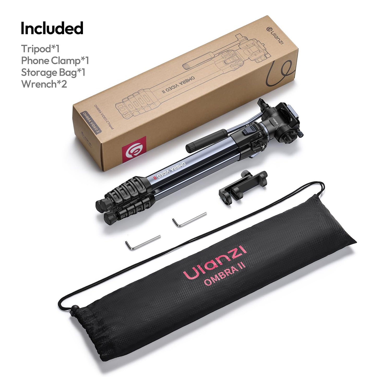 ULANZI Ombra Video Ⅱ Camera Tripod with Fluid Head, 61.5" Travel Tripod with 360° Rotated Arca Quick Release Plate, Portable Stand for Phone Camera Vlogging Video Shooting with Carry Bag Phone Clamp - Medaid International