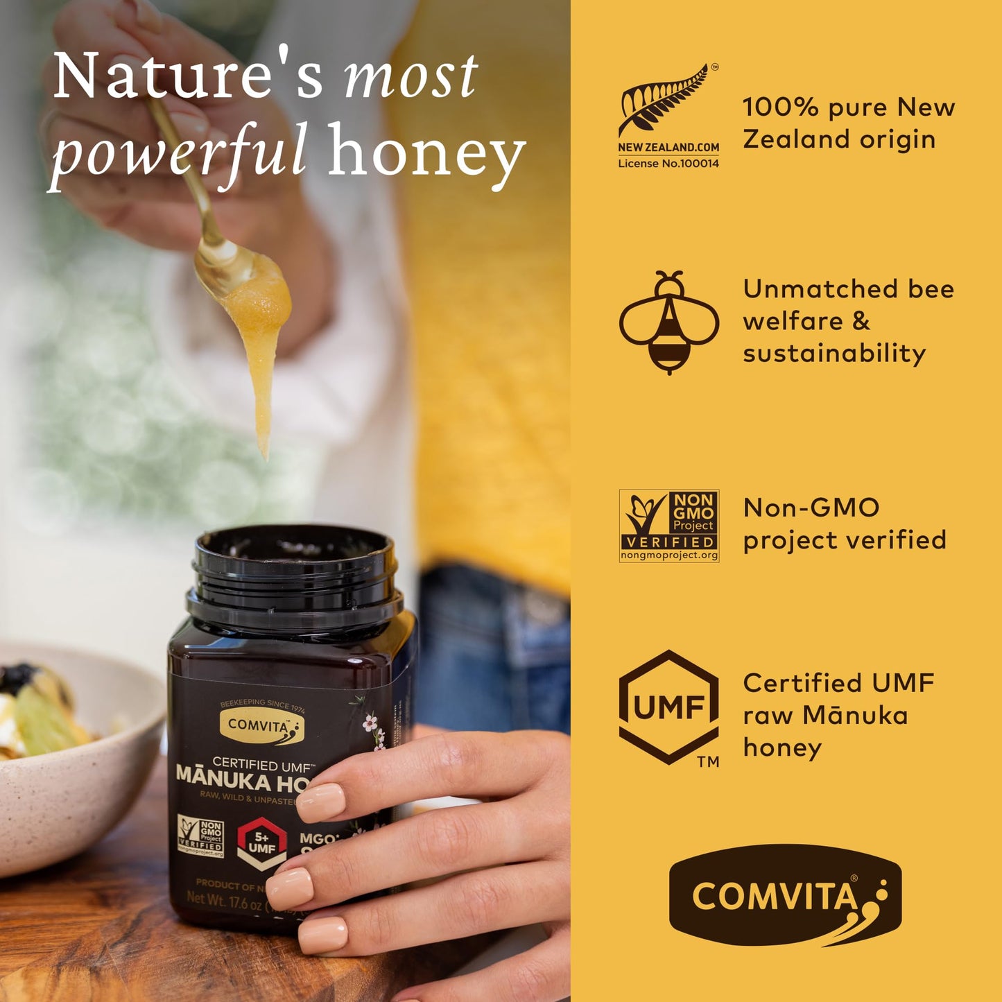 Comvita Manuka Honey UMF 5+ (MGO 83+) - Raw Manuka Honey New Zealand, Pure & Unpasteurized, Superfood for Immune Health, Use in Tea, Wild, Monofloral, Non-GMO - 500g (17.6 oz) - Medaid International