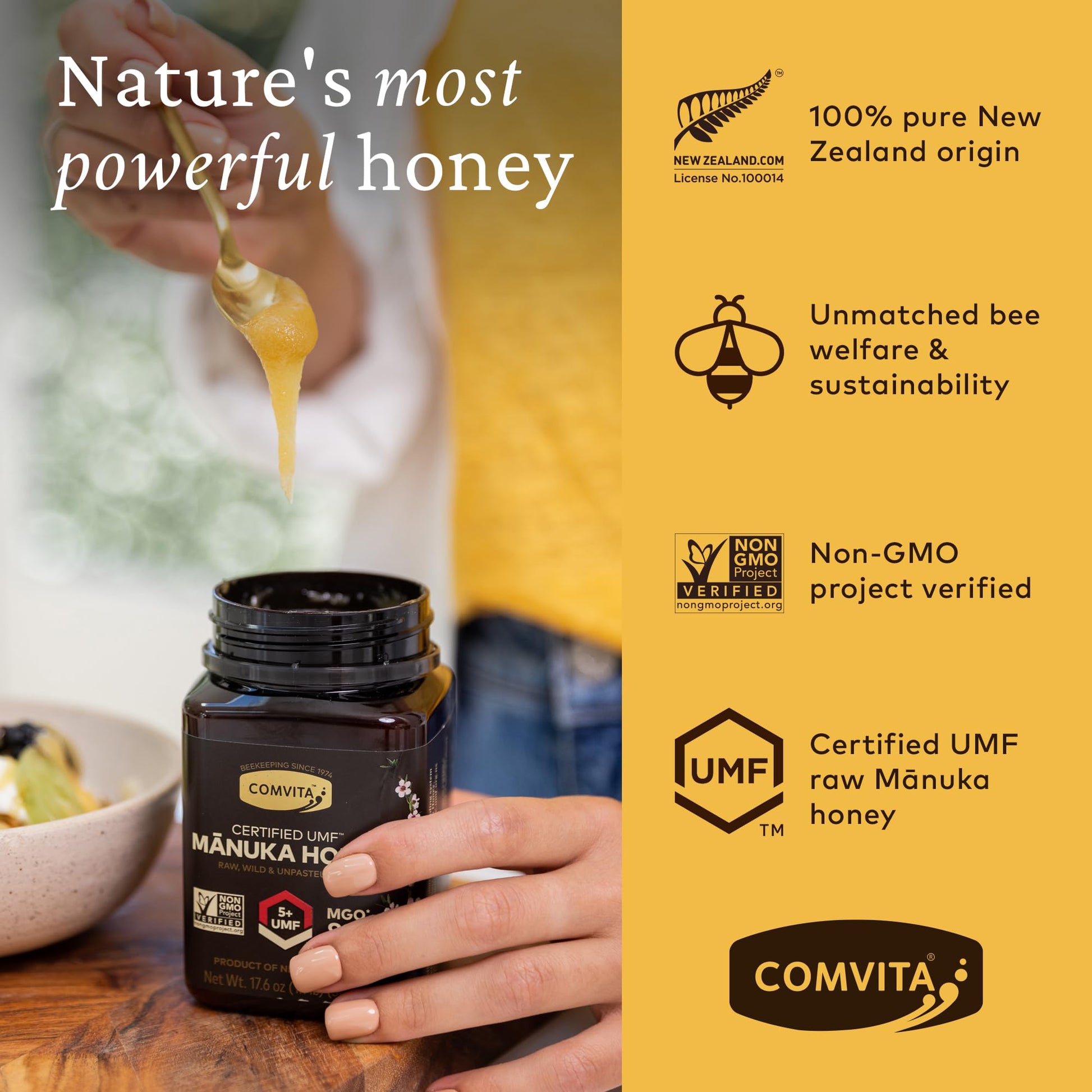 Comvita Manuka Honey UMF 5+ (MGO 83+) - Raw Manuka Honey New Zealand, Pure & Unpasteurized, Superfood for Immune Health, Use in Tea, Wild, Monofloral, Non-GMO - 500g (17.6 oz) - Medaid International